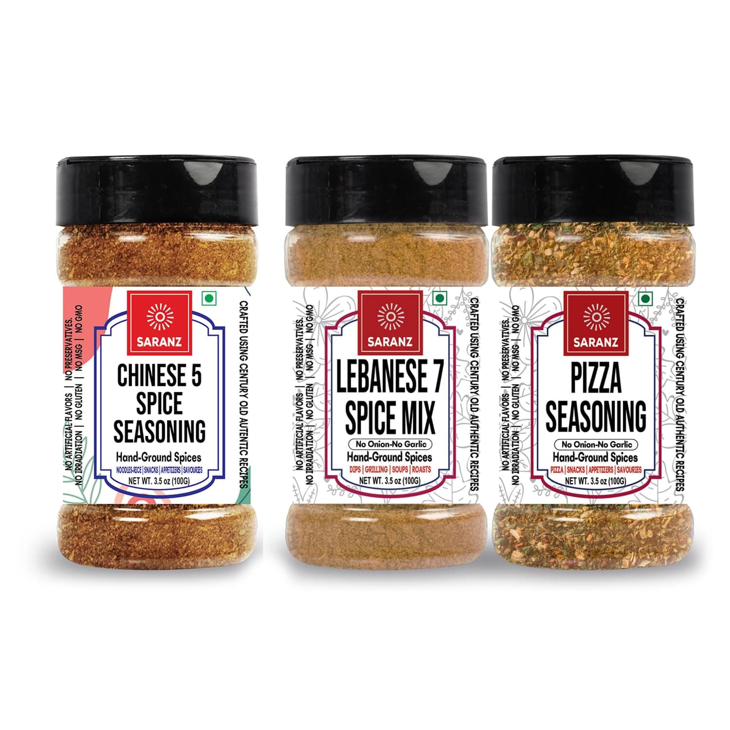 SARANZ Lebanese 7 Spice, Pizza Mix Jain & Chinese 5 Spice Jain Seasoning ( Combo Pack Of 3 ) Batata Harra Masala | Perfect for Snacks, Appetizers, Main Dishes and Flavoured Vegan | Middle East Seasonings | 100 Gm Sprinkler Jar — image 2