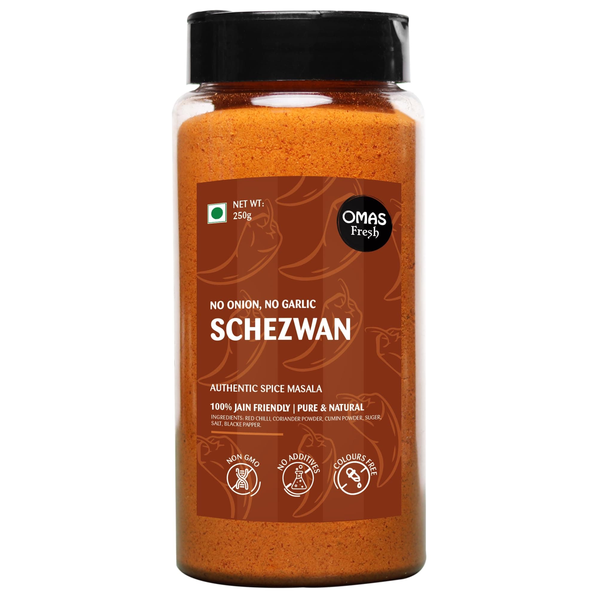 Omas Fresh Jain We-Desi Schezwan Seasoning | No Onion, No Garlic Masala Best for Making Noodles, Pasta, Fried Rice, Nachos (250g, Schezwan)