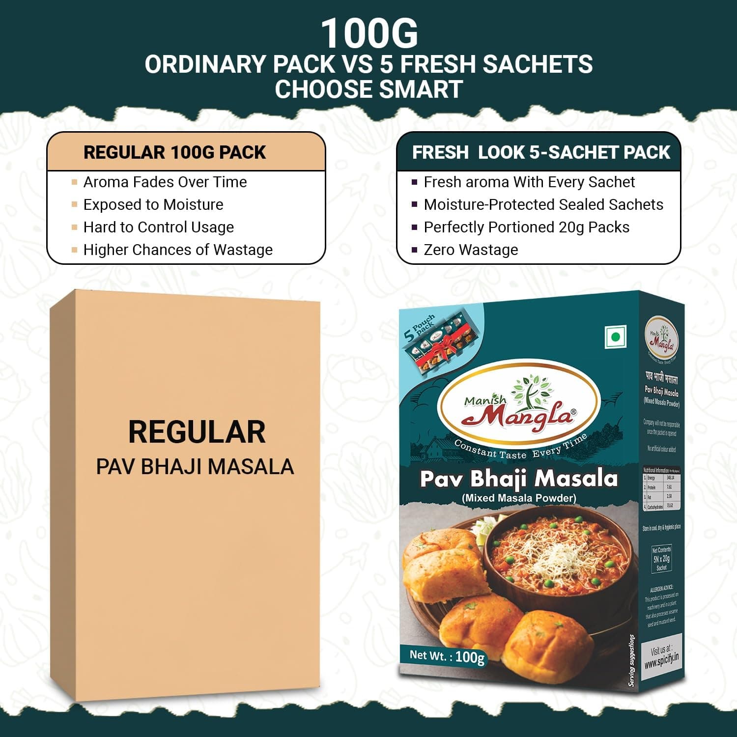 Manish Mangla Pav Bhaji Masala 100g | Mixed Masala Powder with 5 Fresh Sachets | Authentic Street Style Pav Bhaji Taste | Rich Aroma Spice Blend for Easy Cooking — image 3