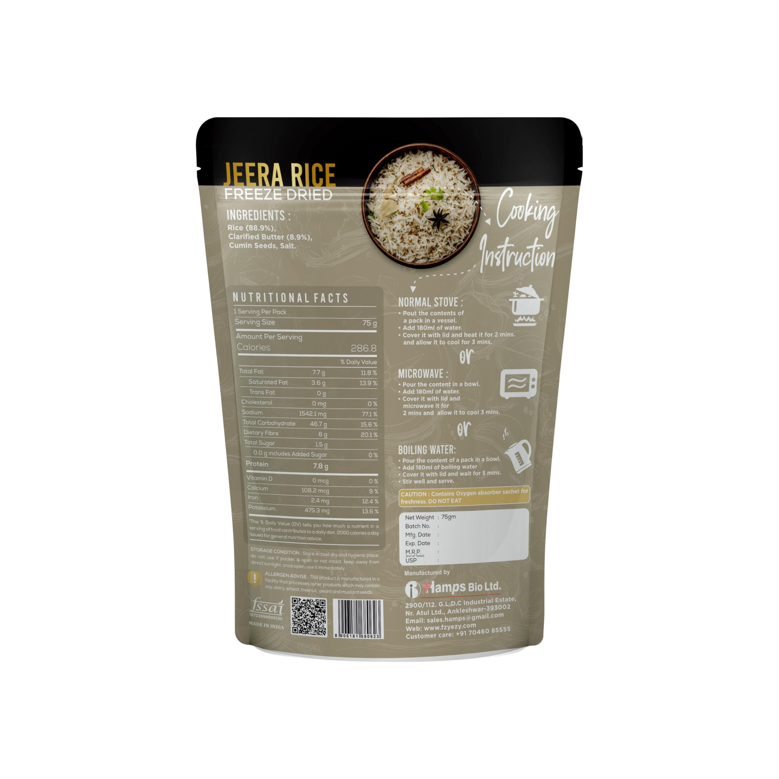 FzyEzy Freeze-Dried Jeera Rice | Ready-to-Eat Instant Meal | Authentic Indian Cumin Rice | No Preservatives | Travel-Friendly Pack (75g) — image 2