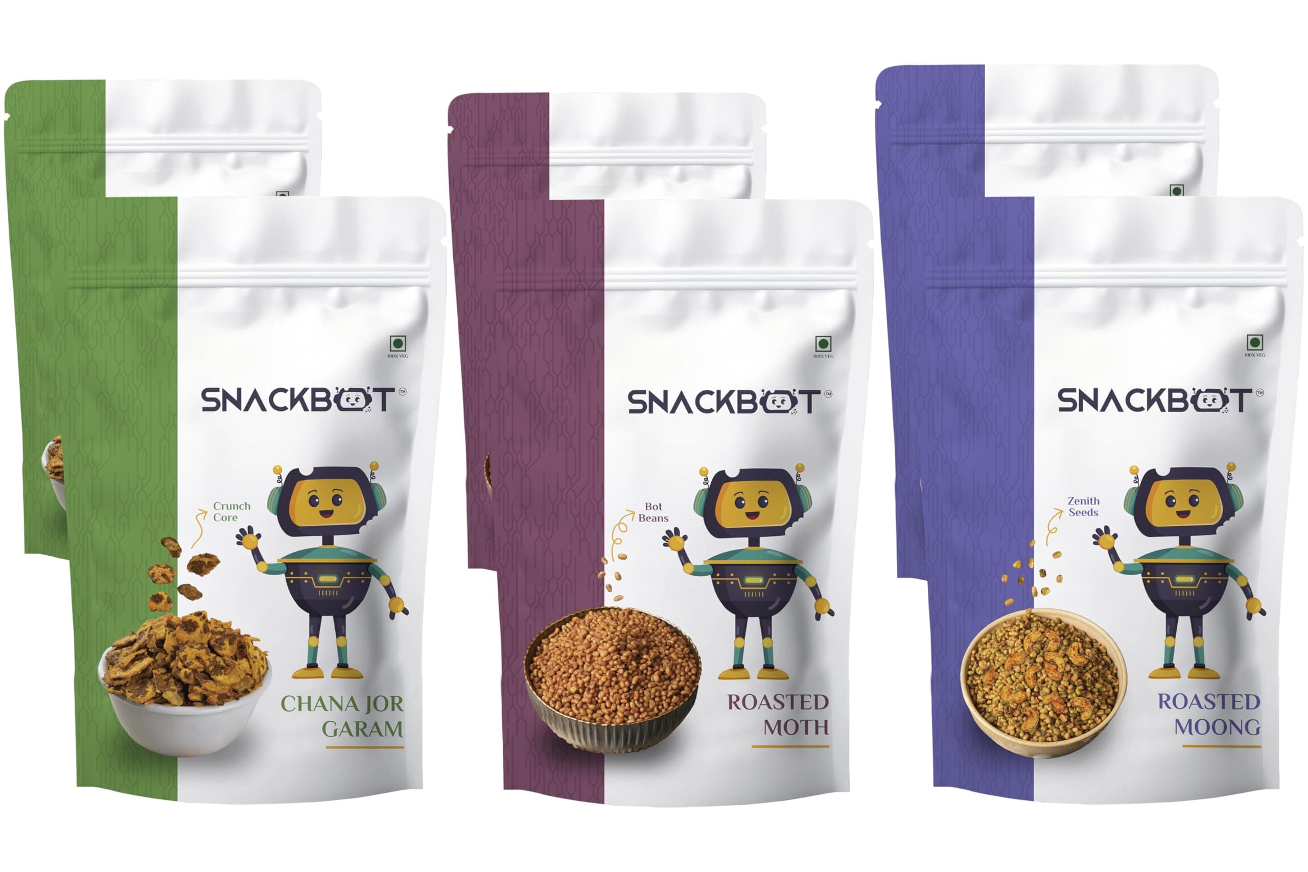Snackbot Satvik Snack Combo – No Onion No Garlic Healthy Snacks | Roasted Moong, Roasted Moth & Chana Jor Garam | 100% Vegetarian Indian Snack Pack — image 2