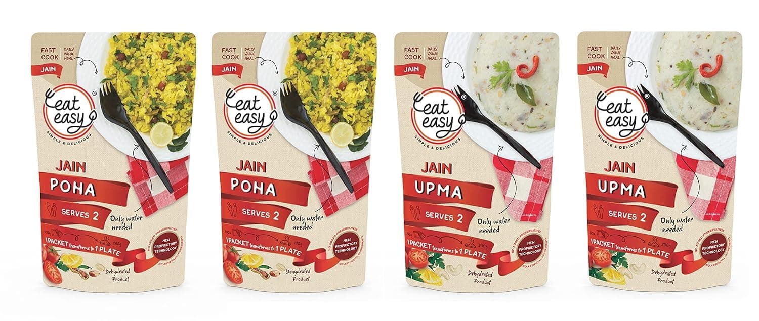 Eat Easy Jain Breakfast Combo - Ready to Eat Instant Breakfast | (4 travel packs-2 poha 2 upma) | No Onion No Garlic | Just Heat And Eat | Instant Jain Food for Travel, Hostel, Trekking, Camping, Hiking — image 2