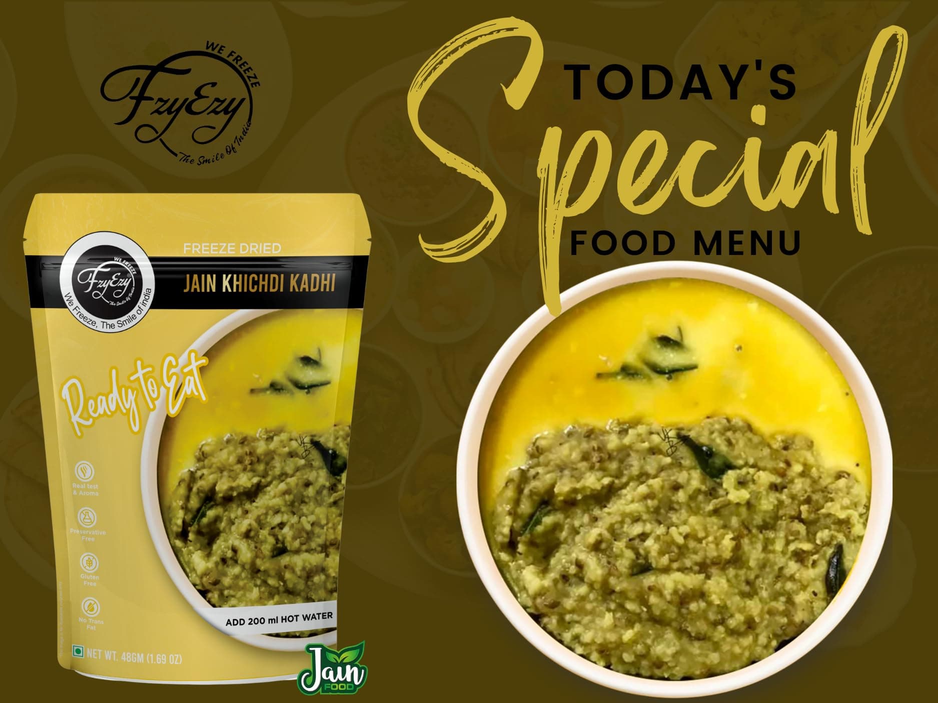 FzyEzy Freeze-Dried Jain Kadhi Khichdi | Instant Ready-to-Eat Meal | Pure Vegetarian | No Onion, No Garlic | Gluten-Free & Preservative-Free | Just Add Hot Water (48g) — image 4