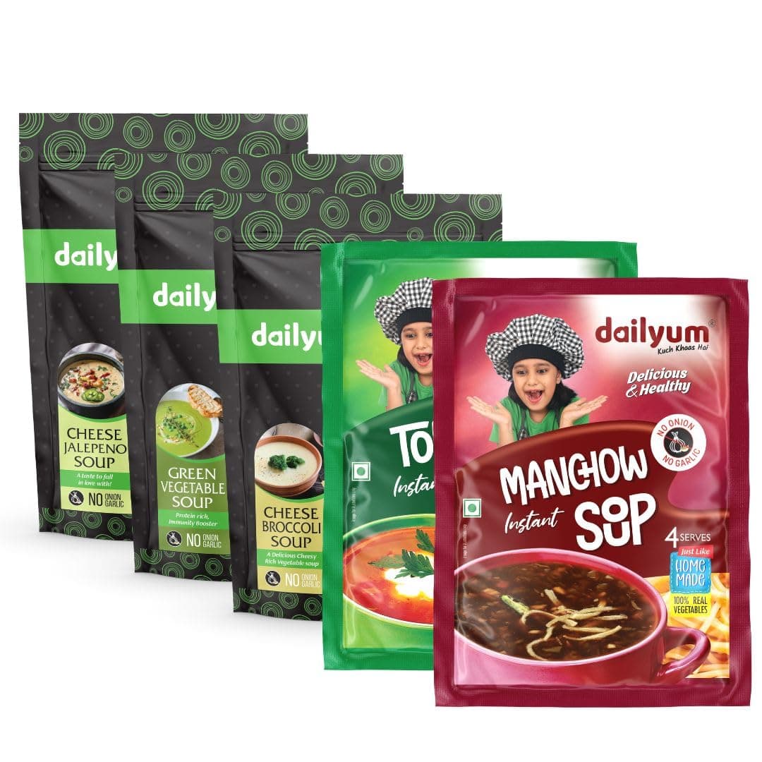 Dailyum Instant Soup Combo of 5 | No Onion No Garlic | Manchow Soup 50g | Tomato Soup 50g | Green Veg. Soup 50g | Cheese Broccoli 50g | Cheese Jalapeno 50g| Jain — image 2