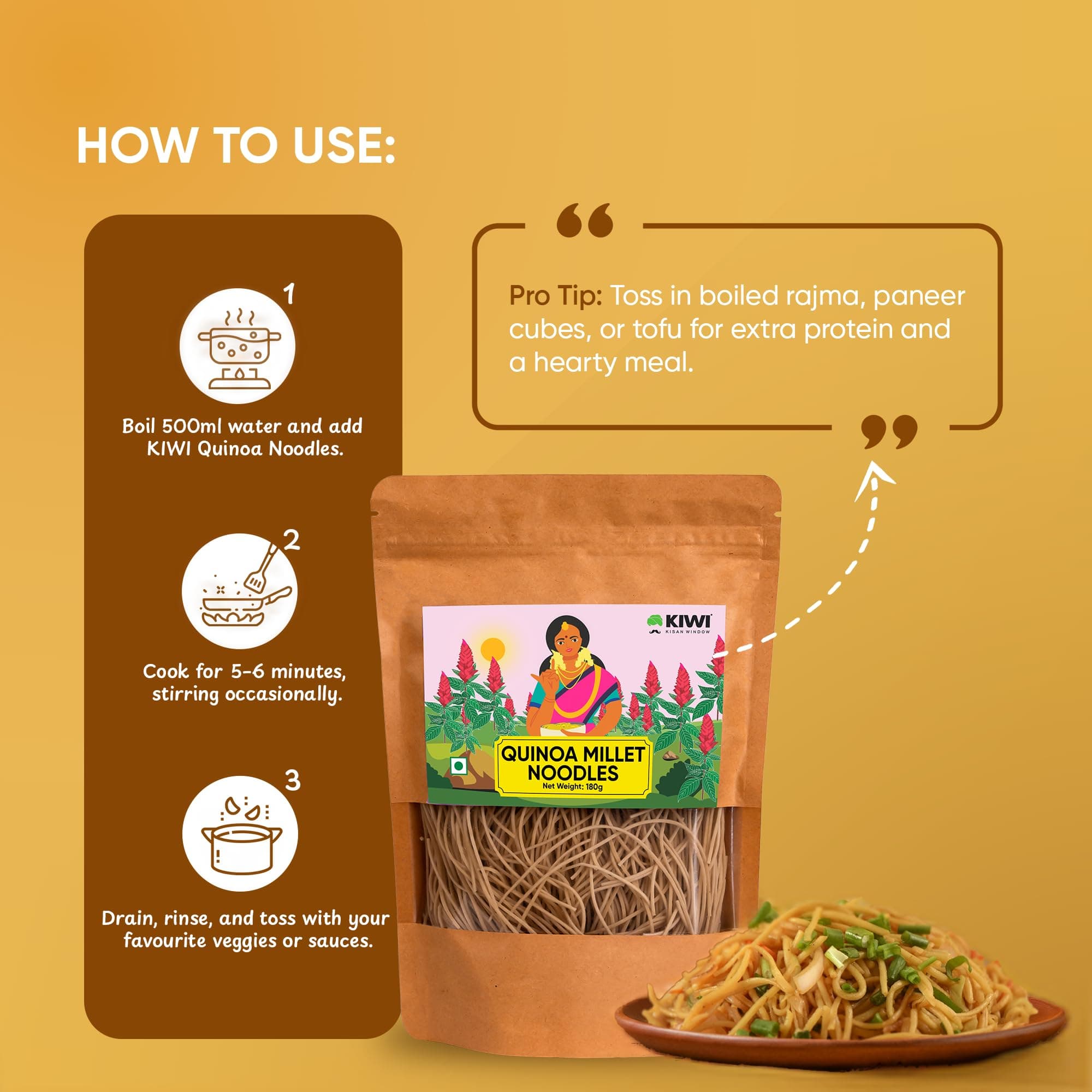 Kiwi Kisan Window Quinoa Millet Noodle, 180g | No Maida, No MSG | Instant Cooking | High Protein & Fibre | Wholesome & Tasty — image 5