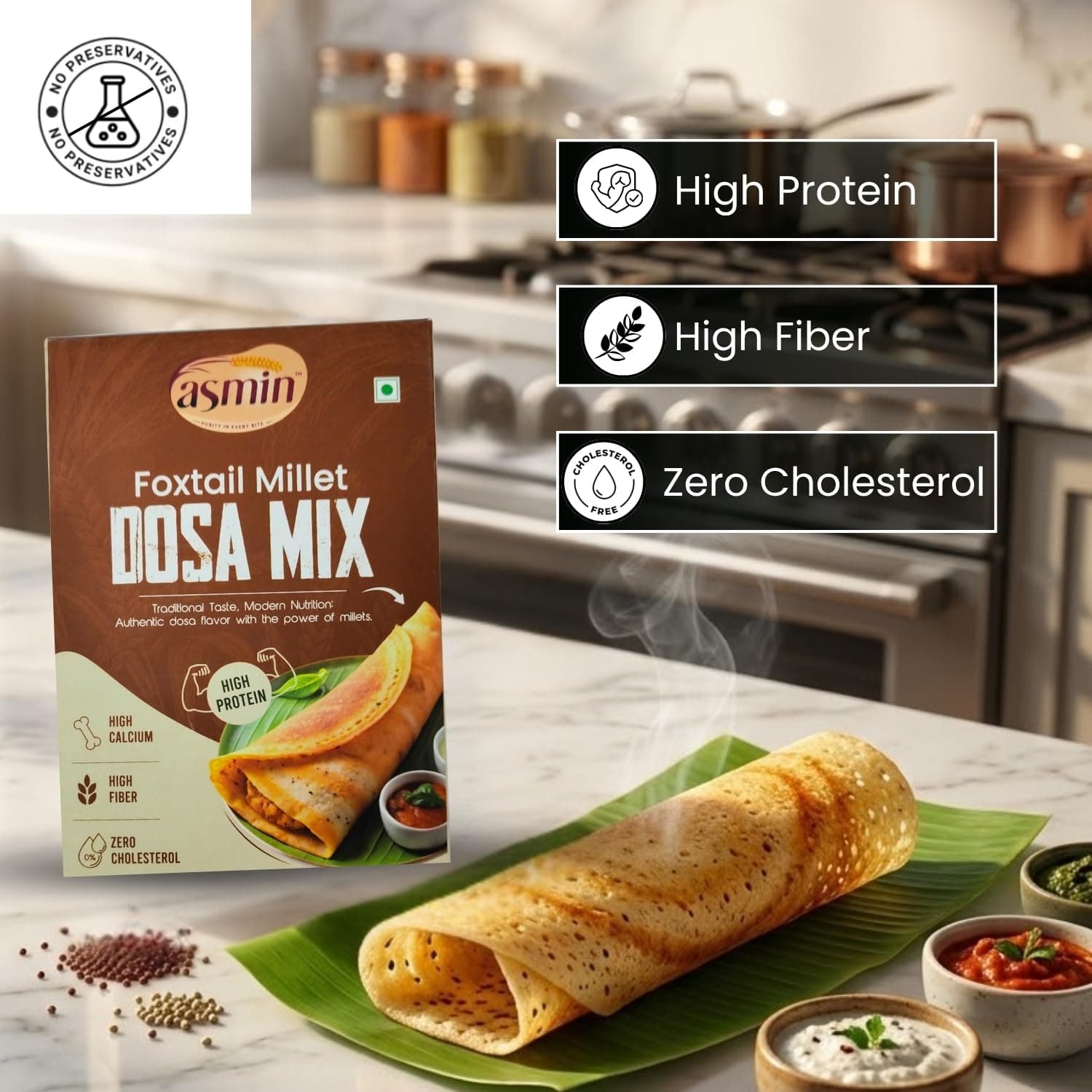 ASMIN Foxtail Millet Dosa Mix 200g | No Maida,No Palm Oil | Zero Cholesterol | No Presevatives | High Protein & High Fiber | Ready to Cook Healthy Millet Dosa Premix — image 6