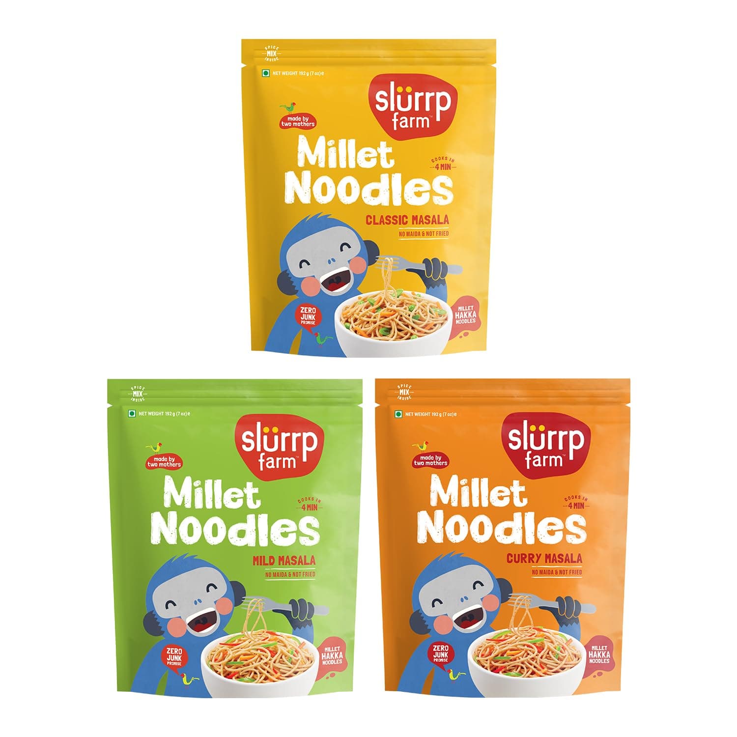 Slurrp Farm No Maida Hakka Noodles Combo, Not Fried, No MSG, Classic, Mild and Curry Masala Millet Noodles, Pack of 3 X 192 g — image 2