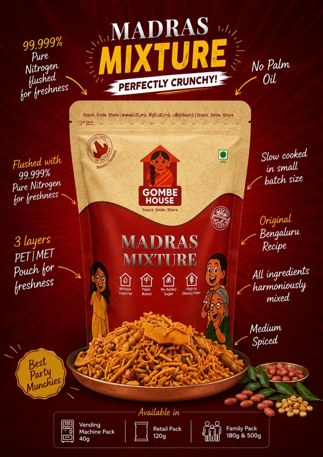 Gombe House Madras Mixture 120g Authentic South Indian Namkeen Snack Crispy & Flavorful Tea Time Savory No Palm Oil & No Preservatives Vegan Traditional Homemade Taste