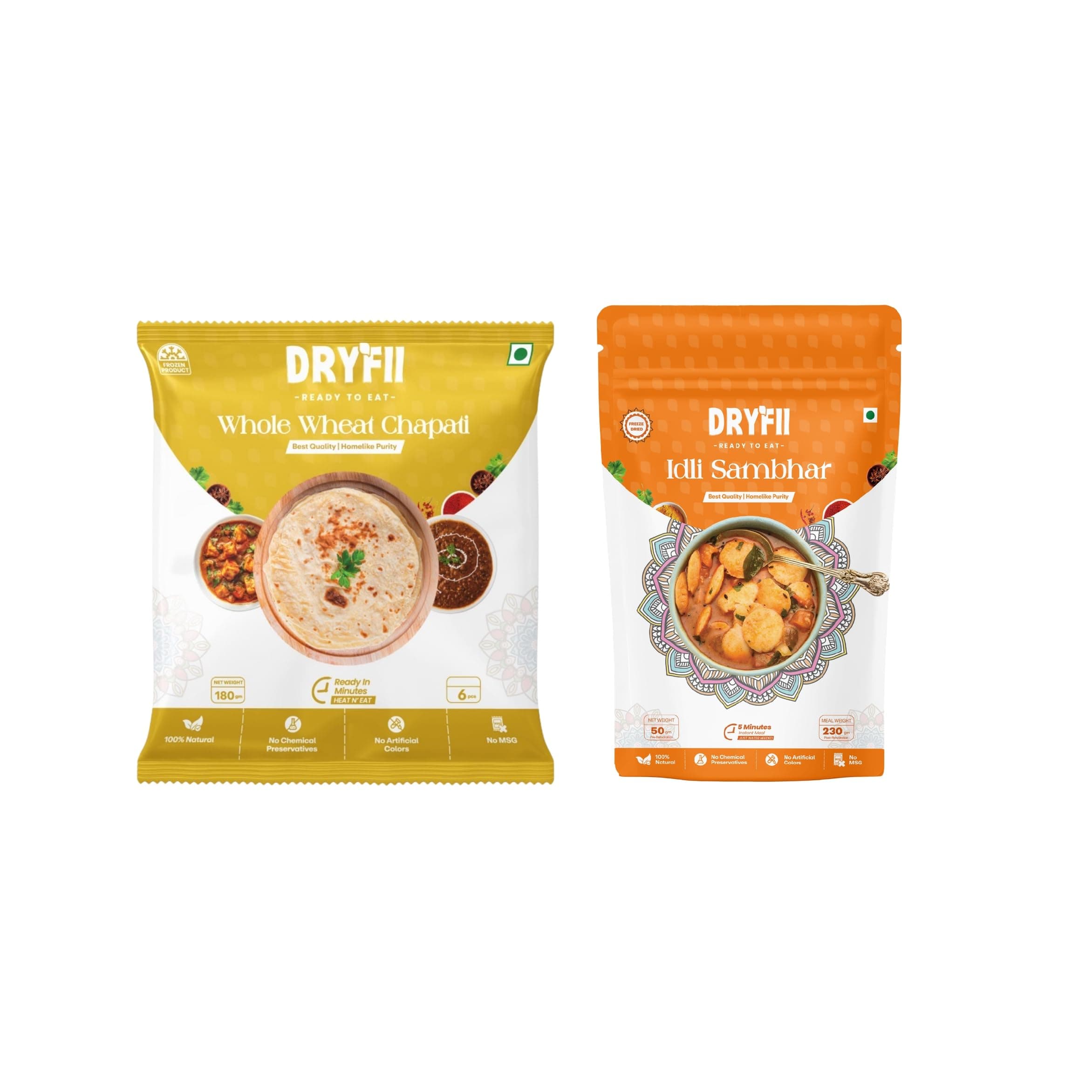 Dryfii Ready-to-Eat Chapati (6 Pcs | 1 Pack) with Jain Idli Sambhar | No Onion No Garlic Sattvic Meal | Healthy South Indian Combo | Instant Travel Food Pack | Pure Vegetarian