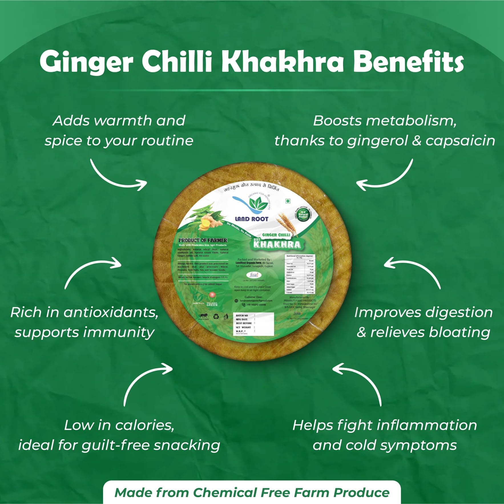 Landroot Organic Assorted Khakhra Pack | 4 Varieties (Methi, Ginger Chilli, Mangroli) | Zero Maida | Vegan & Jain Friendly | High Fiber Healthy Snack | 180g x 3 Packs — image 4