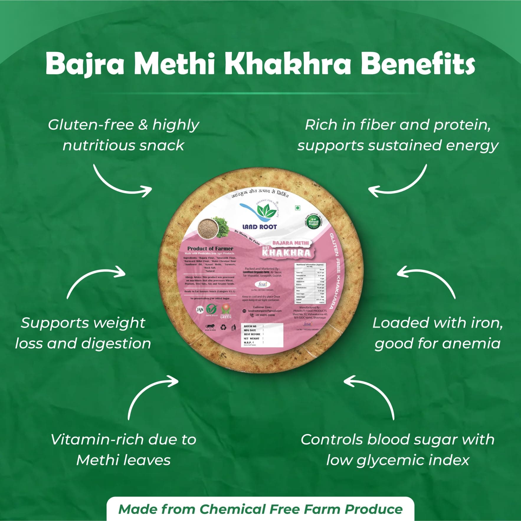 Land Root Gluten Free Bjra Methi & Jowar Khakhra (Pack of Two) 180g each — image 5