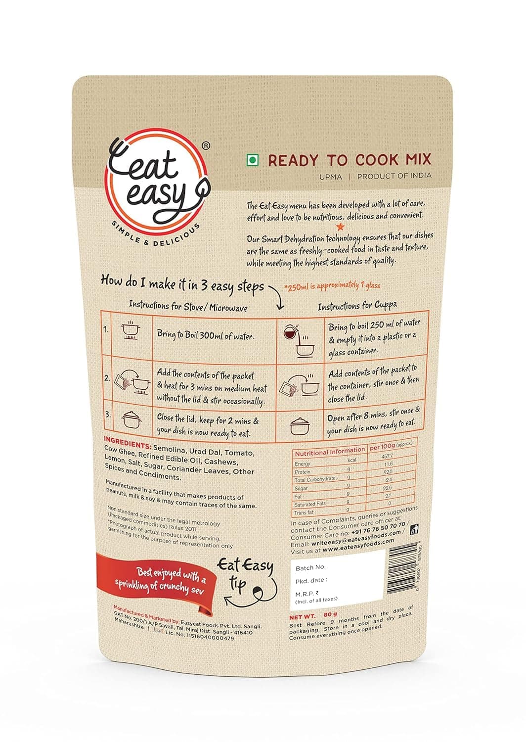 Eat Easy Jain Breakfast Combo - Ready to Eat Instant Breakfast | (4 travel packs-2 poha 2 upma) | No Onion No Garlic | Just Heat And Eat | Instant Jain Food for Travel, Hostel, Trekking, Camping, Hiking — image 8