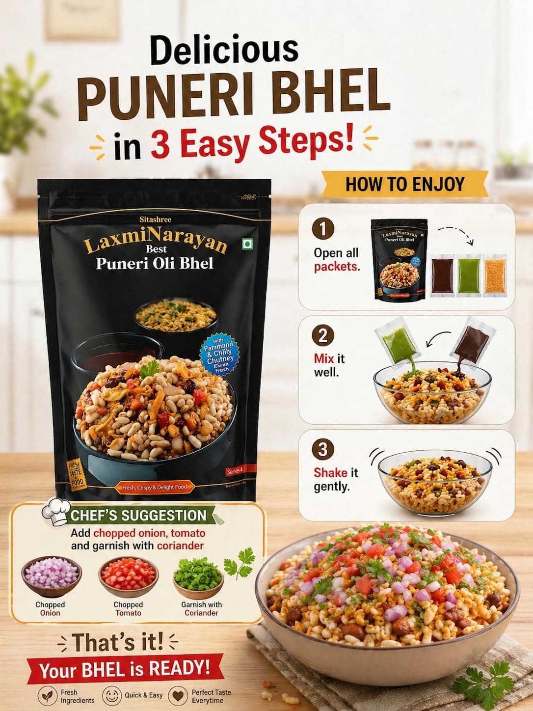 Sitashree LaxmiNarayan Best Puneri Oli Bhel, Ready to Use, with Tamarind and Chilly Chutney, Serves 4, no garlic so use as jain bhel also — image 3