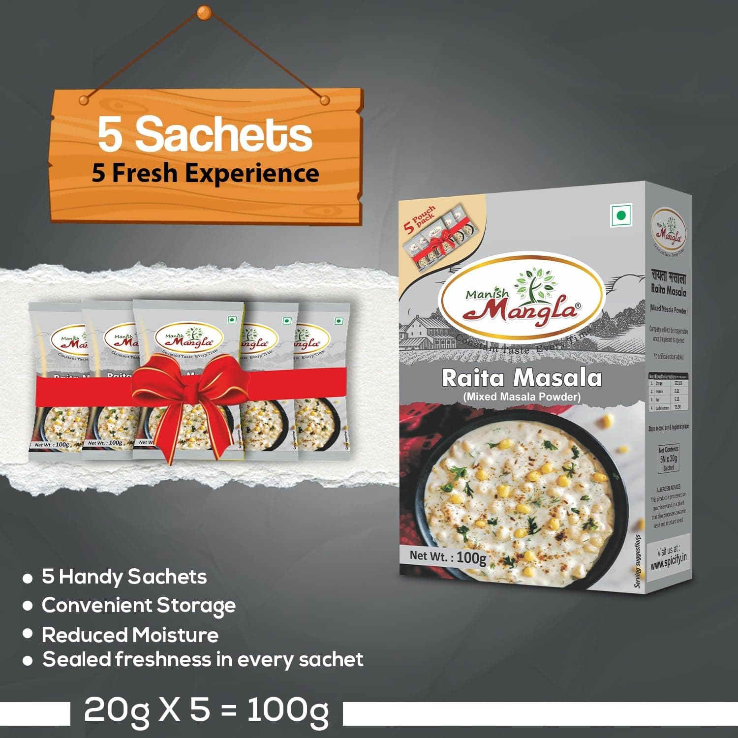 Manish Mangla Raita Masala, Mixed Masala Powder, No Onion No Garlic, 5 Sachets, 100g — image 2