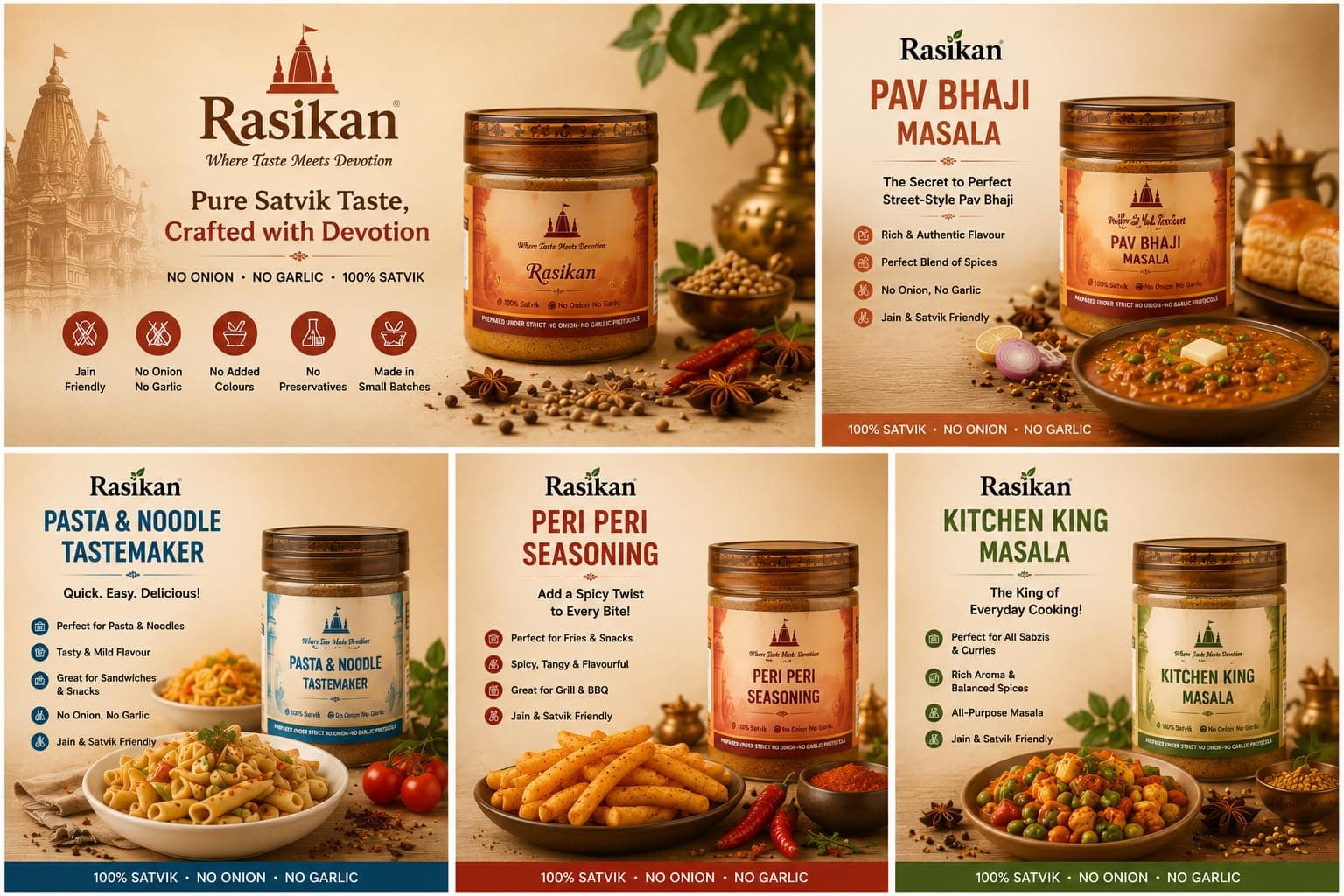 Rasikan Jain Satvik Masala Combo – Peri Peri, Kitchen King, Pasta Noodle & Paneer Tikka (320g) | No Onion No Garlic | Freshly Ground Small Batch Spices | No Added Colour or Preservatives | Perfect for Bhog, Satvik & Everyday Cooking — image 7