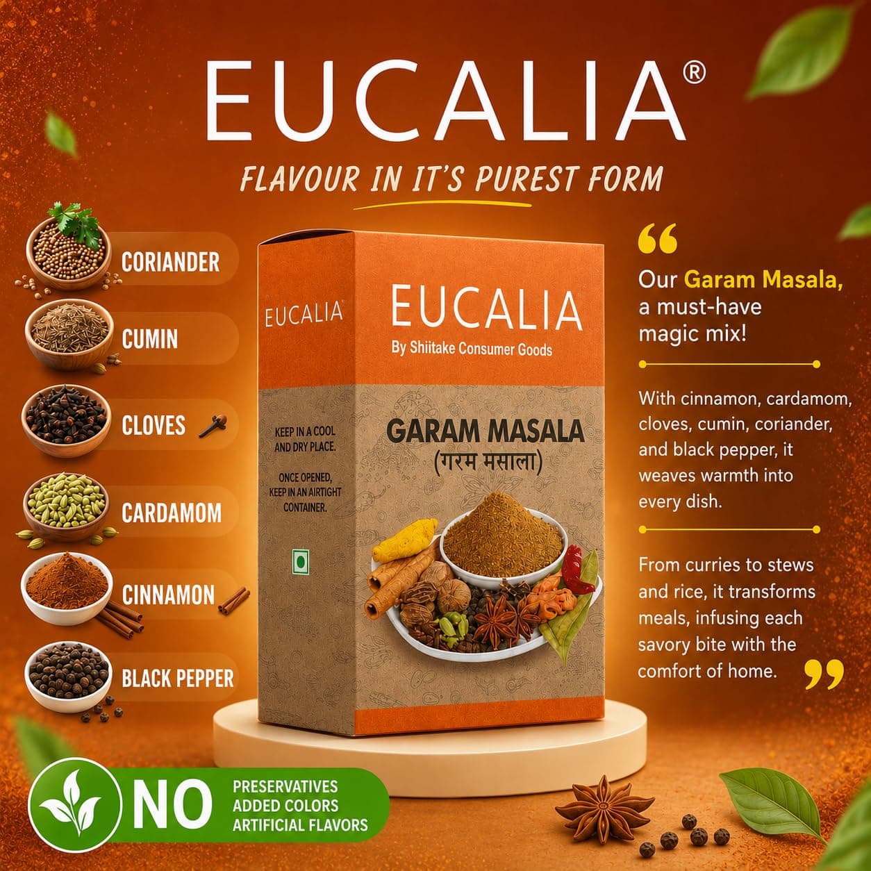 EUCALIA SATTVIK (No Onion No Garlic) Masala Range | Curry Powder (Sabji Masala), Biryani Masala, Garam Masala & Chhole Masala Combo (50g Each)| No Preservatives, No Added Colours, No Artificial Flavours — image 8