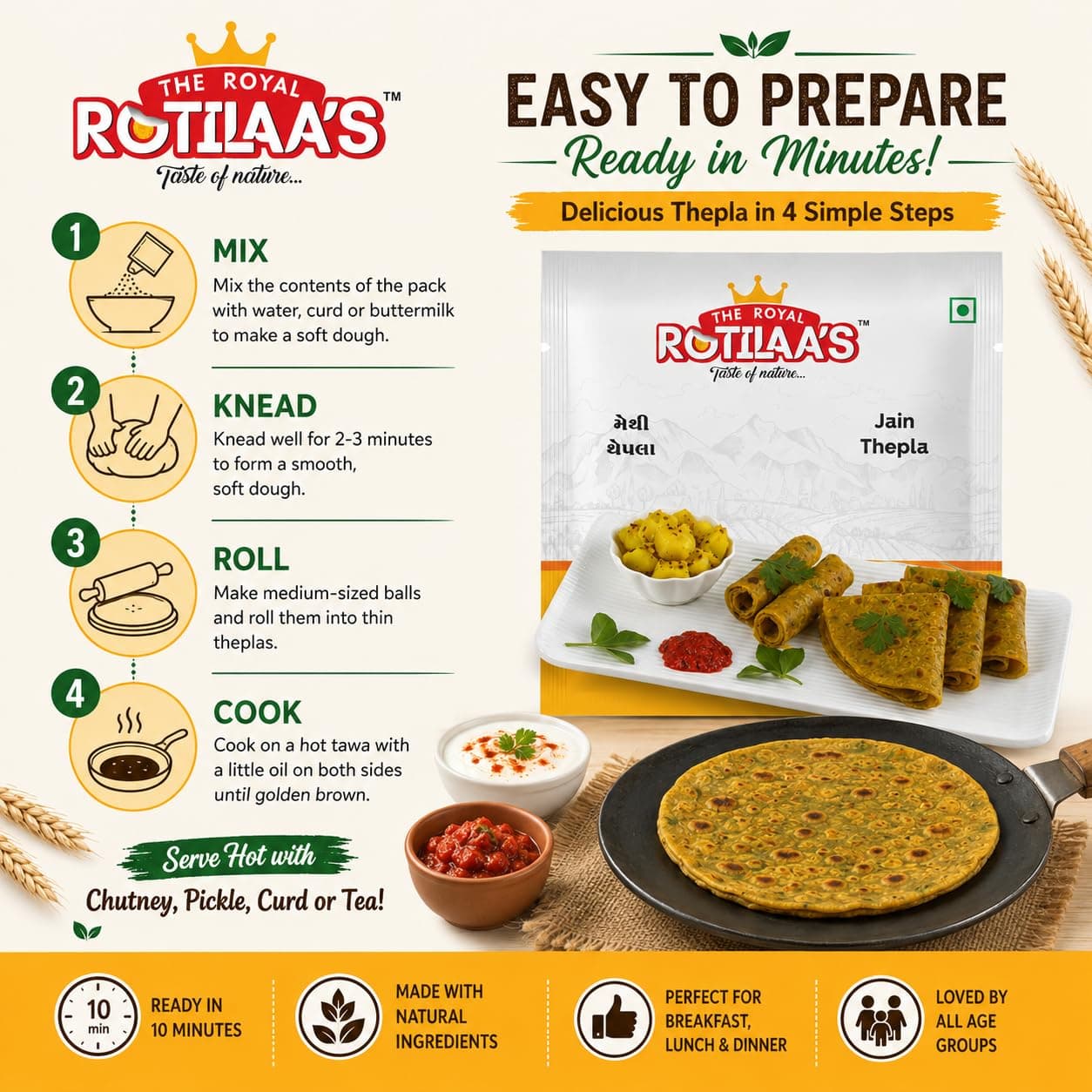 THE ROYAL ROTILAA'S Jain Thepla 100g (Pack of 3) | Ready-to-Eat Gujarati Snack | Vacuum Packed | Soft & Fresh Handmade Thepla | Includes Pickle | Pure Veg Travel & Tiffin Food | 4 Pieces per Pack — image 5