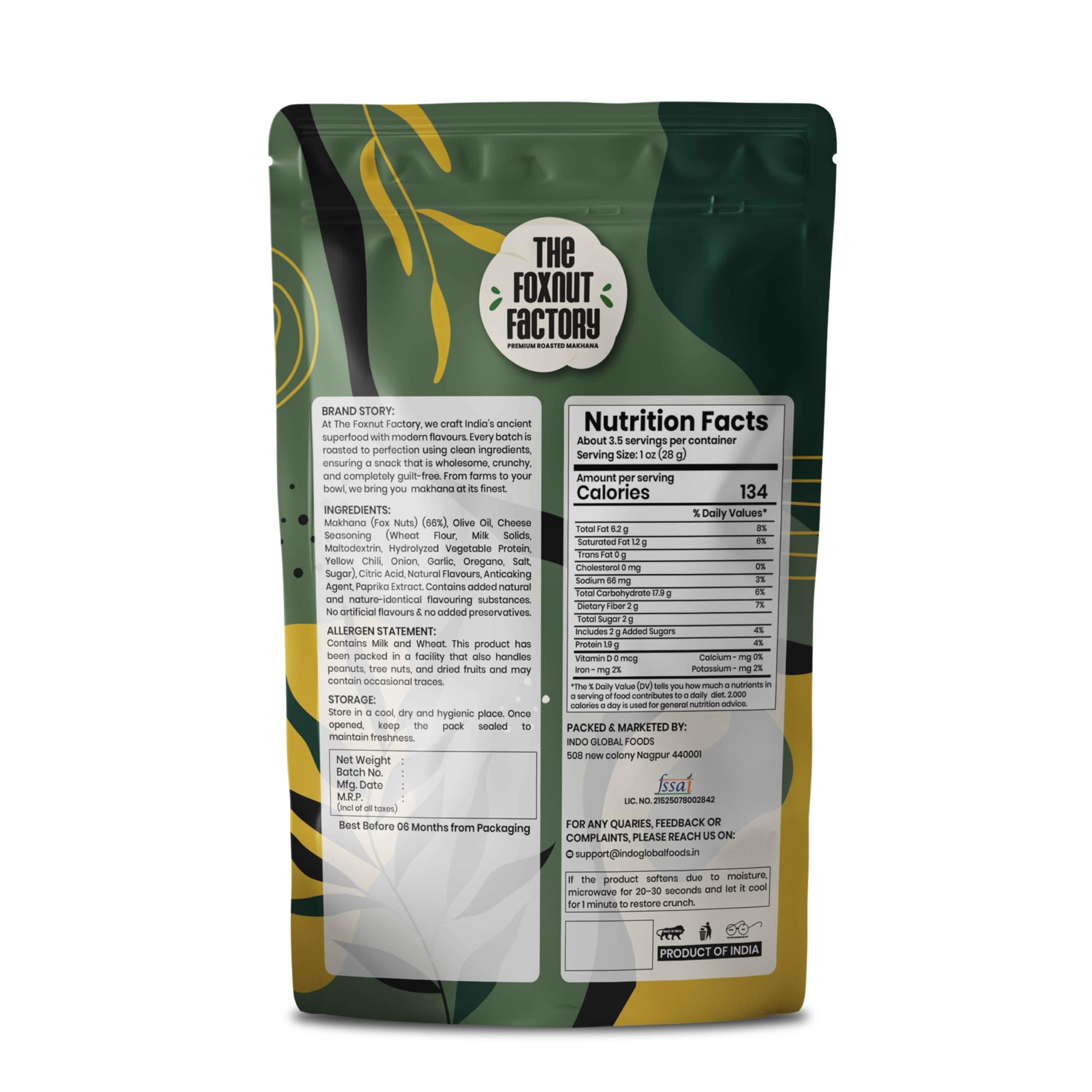 The Foxnut Factory Cheese Roasted Makhana 100g (3.53oz) – Crunchy and Tasty Fox Nuts (Lotus Seeds), Ready-to-Eat, Gluten-Free Vegetarian, Plant Based, Not Fried Healthy travel friendly Snack Brand: The Foxnut Factory — image 2