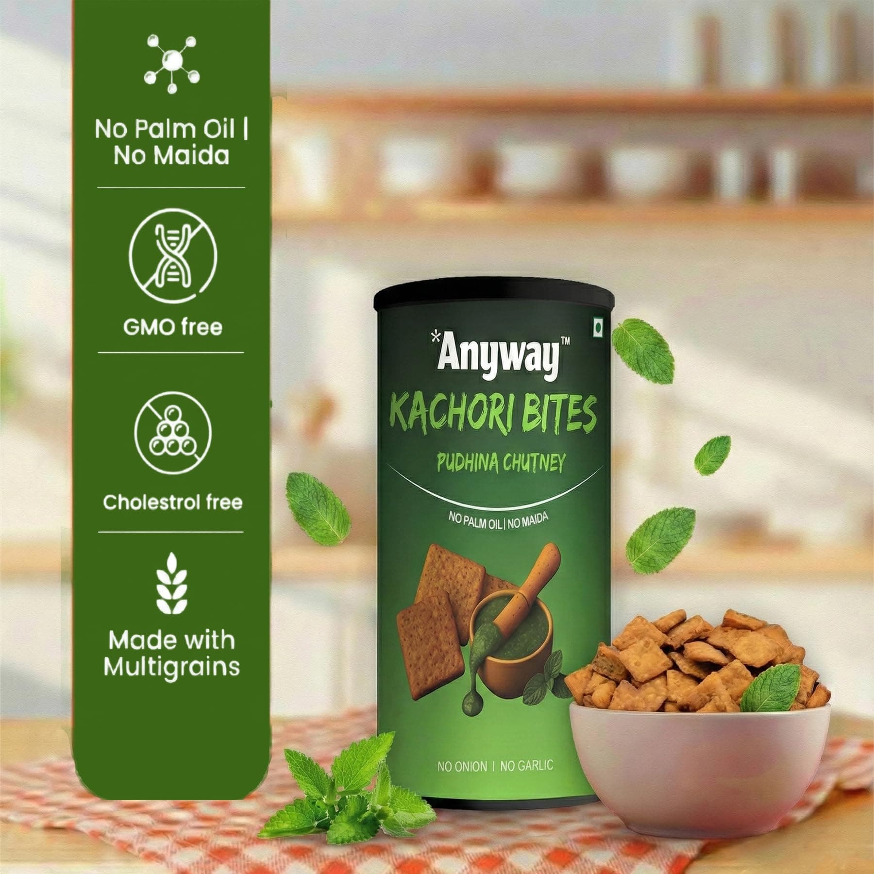 Anyway Kachori Bites Pudina Chutney | No Maida No Palm Oil | Multigrain Snack | Kota's Bold Street Kachori in a Pack | Refreshing Minty Flavour | No Onion No Garlic | | Anytime Snack | (120g - pack of 1, pudina flavor) — image 5