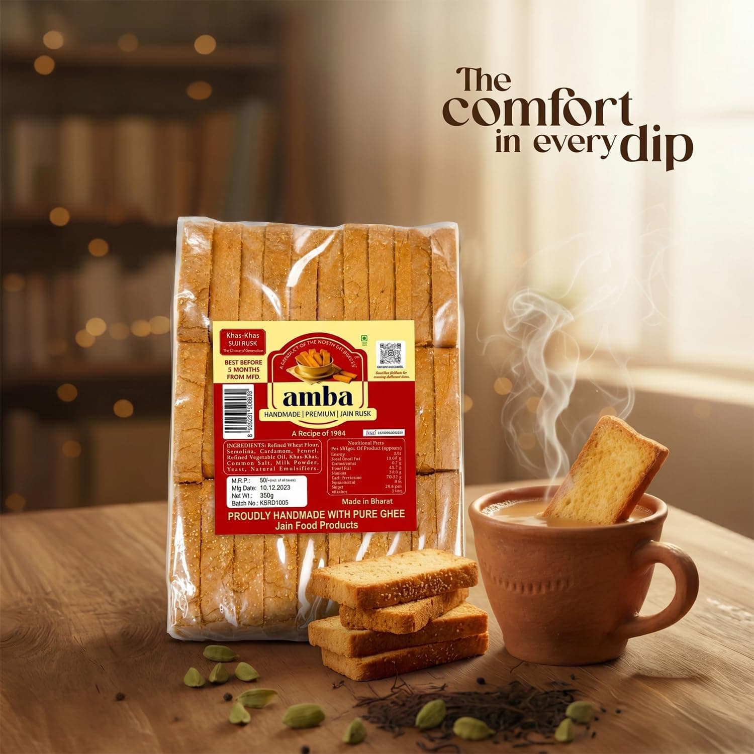 Khas-Khas Suji Rusk (350g) – Premium Poppy Seed Semolina Toast – Handmade Jain Rusk with Cardamom & Fennel – Traditional 1984 Recipe – Crispy Tea-Time Snack — image 4