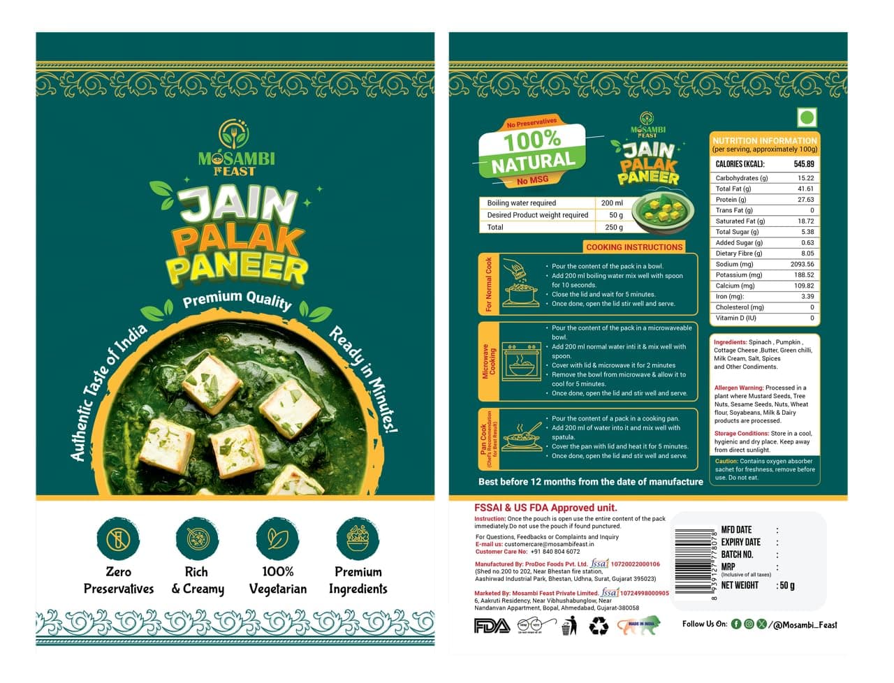 MOSAMBI FEAST Ready-to-Eat Jain Palak Paneer | 100% Natural Zero Preservatives | Rich Creamy Authentic Indian Flavors | Premium Vegetarian Ingredients — image 2