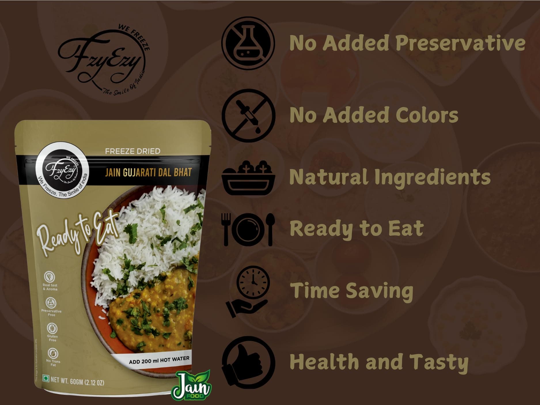 FzyEzy Freeze-Dried Jain Gujarati Dal Bhat | Authentic Jain Gujarati Culinary Experience | Traditional Satvik Ready-to-Eat Indian Meal | Gluten-Free & Preservative-Free | Nourishing, Quick-Prep Comfort Cuisine | 60g Pack — image 6