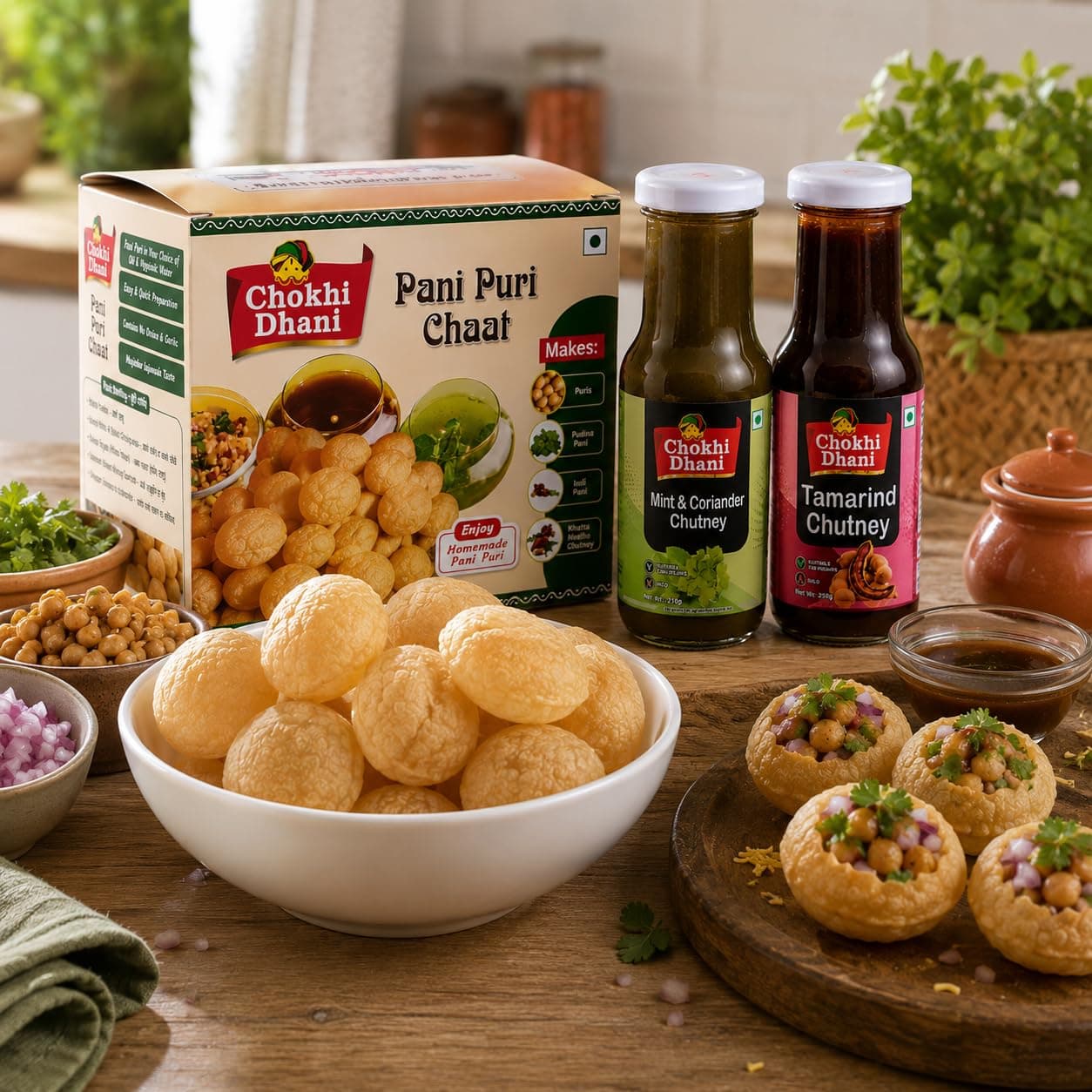Chokhi Dhani Pani Puri Chaat Kit with Mint & Coriander Chutney (210g) & Tamarind Chutney (250g) | Crispy Flat Puris, Pudina Pani & Imli Chutney | No Onion No Garlic — image 2