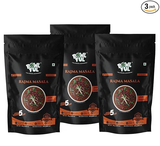 Bowlful Jain Rajma Masala | No Onion No Garlic Kidney Beans Curry | Homestyle Spiced Gravy | Instant Ready Meal | 62g Net Weight (252g After Rehydration) | Pack of 3 | No Added Preservatives & Colours | Microwaveable