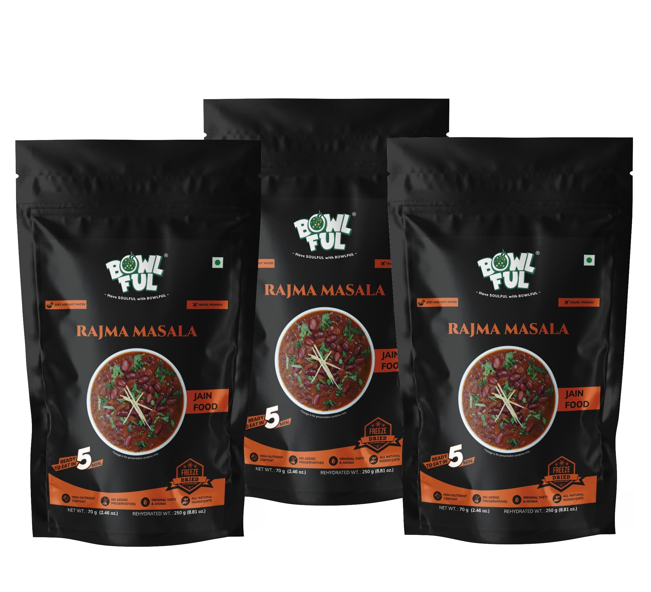 Bowlful Jain Rajma Masala | No Onion No Garlic Kidney Beans Curry | Homestyle Spiced Gravy | Instant Ready Meal | 62g Net Weight (252g After Rehydration) | Pack of 3 | No Added Preservatives & Colours | Microwaveable — image 2