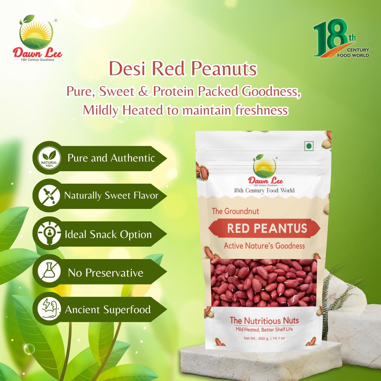 Dawn Lee Raw Desi Red Peanuts | Mildly Roasted | High Protein & Fiber | Groundnut | Moongfali | Sing Dana | Premium Fasting Snack for Navratri, Ekadashi and Jain fasting | Non-GMO | Resealable Kraft Bag – 400g — image 3