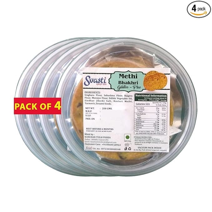 Svasti Dry Methi Bhakhri Snacks - 200 gms (Pack Of 4)| Roasted Healthy Gujarati Snacks | No Maida | No Artificial Colours | No Onion & No Garlic | Vacuum Packed | Gluten Free