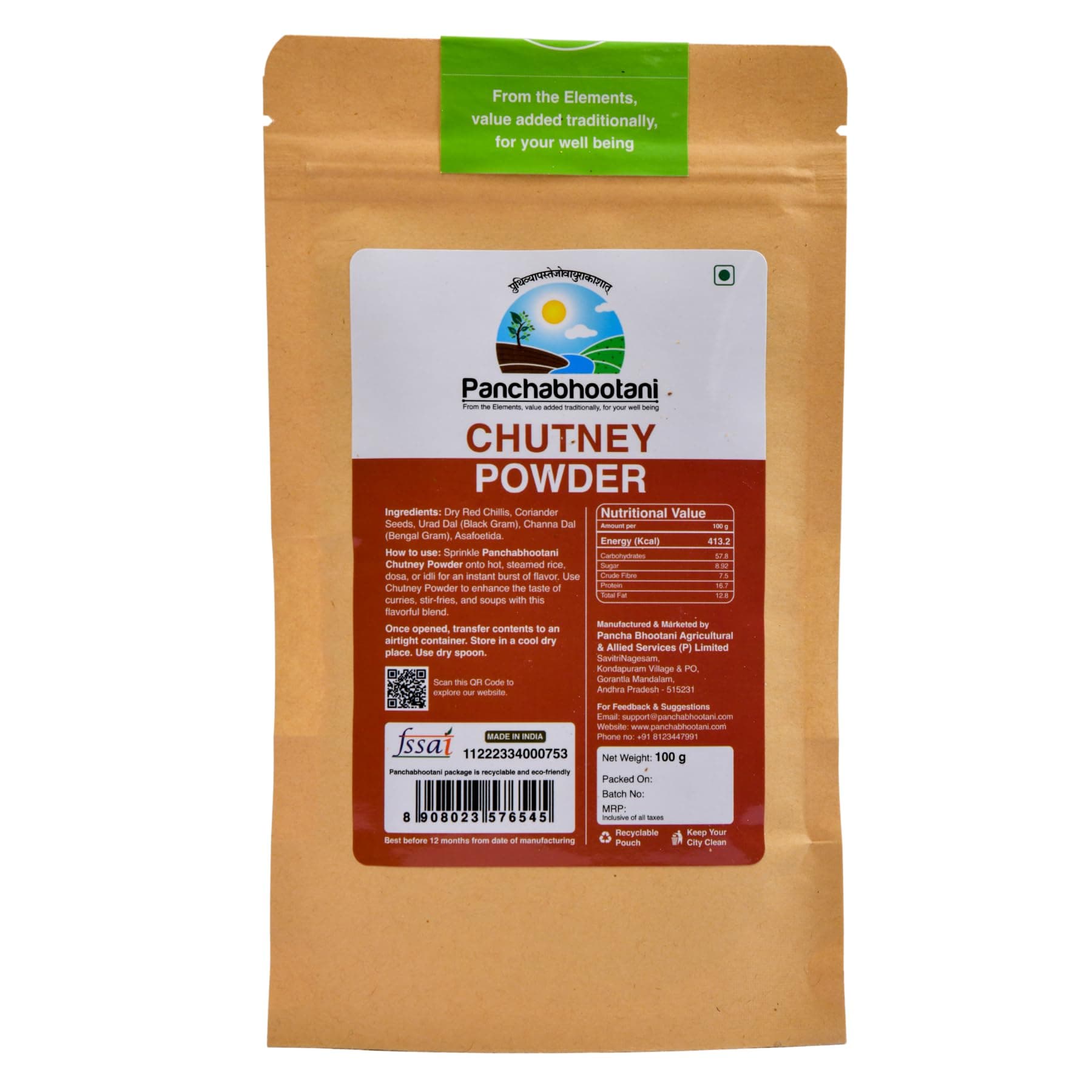 Panchabhootani Chutney Powder 100g | Savour As Dip Or Chutney, Sprinkle Over Dosa & Idly, Long-Shelf Life, No Garlic & Onion, No Added Preservatives & Colour, Purely Hand Picked lentil & Red Chilies — image 2