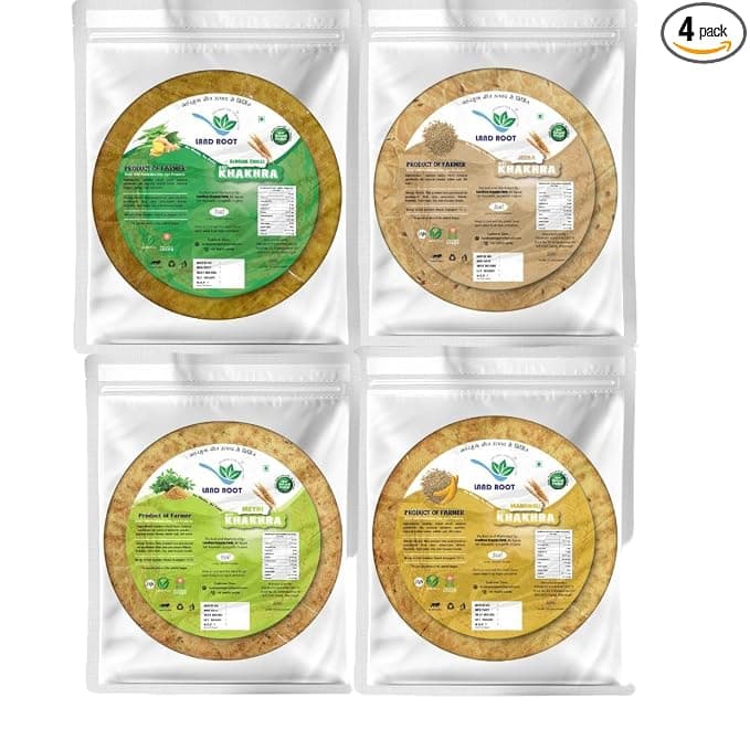Landroot Assorted Khakhra Pack | 4 Varieties (Methi, Jeera, Ginger Chilli, Mangroli) | Zero Maida | Vegan & Jain Friendly | High Fiber Healthy Snack | 180g x 4 Packs
