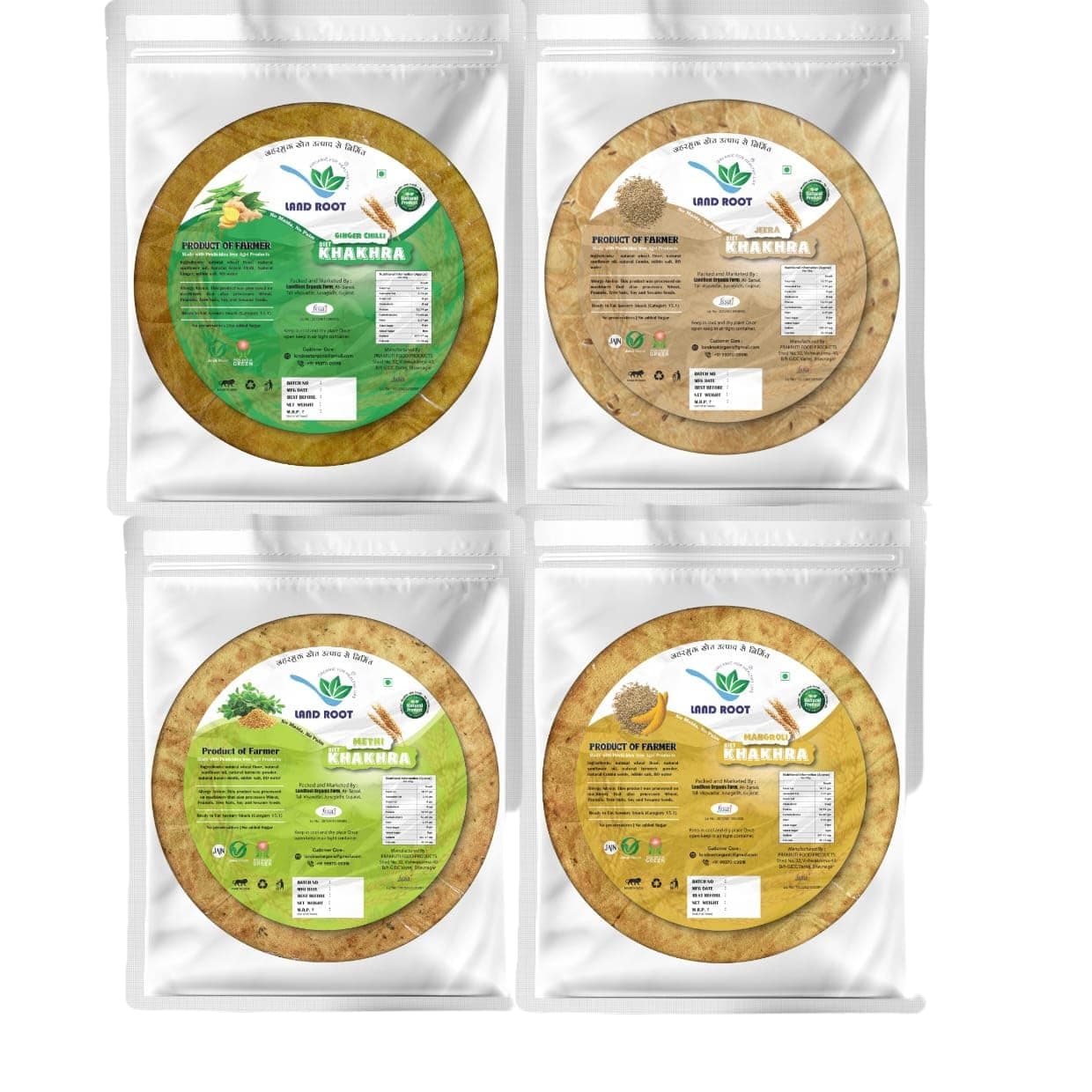 Landroot Assorted Khakhra Pack | 4 Varieties (Methi, Jeera, Ginger Chilli, Mangroli) | Zero Maida | Vegan & Jain Friendly | High Fiber Healthy Snack | 180g x 4 Packs — image 2