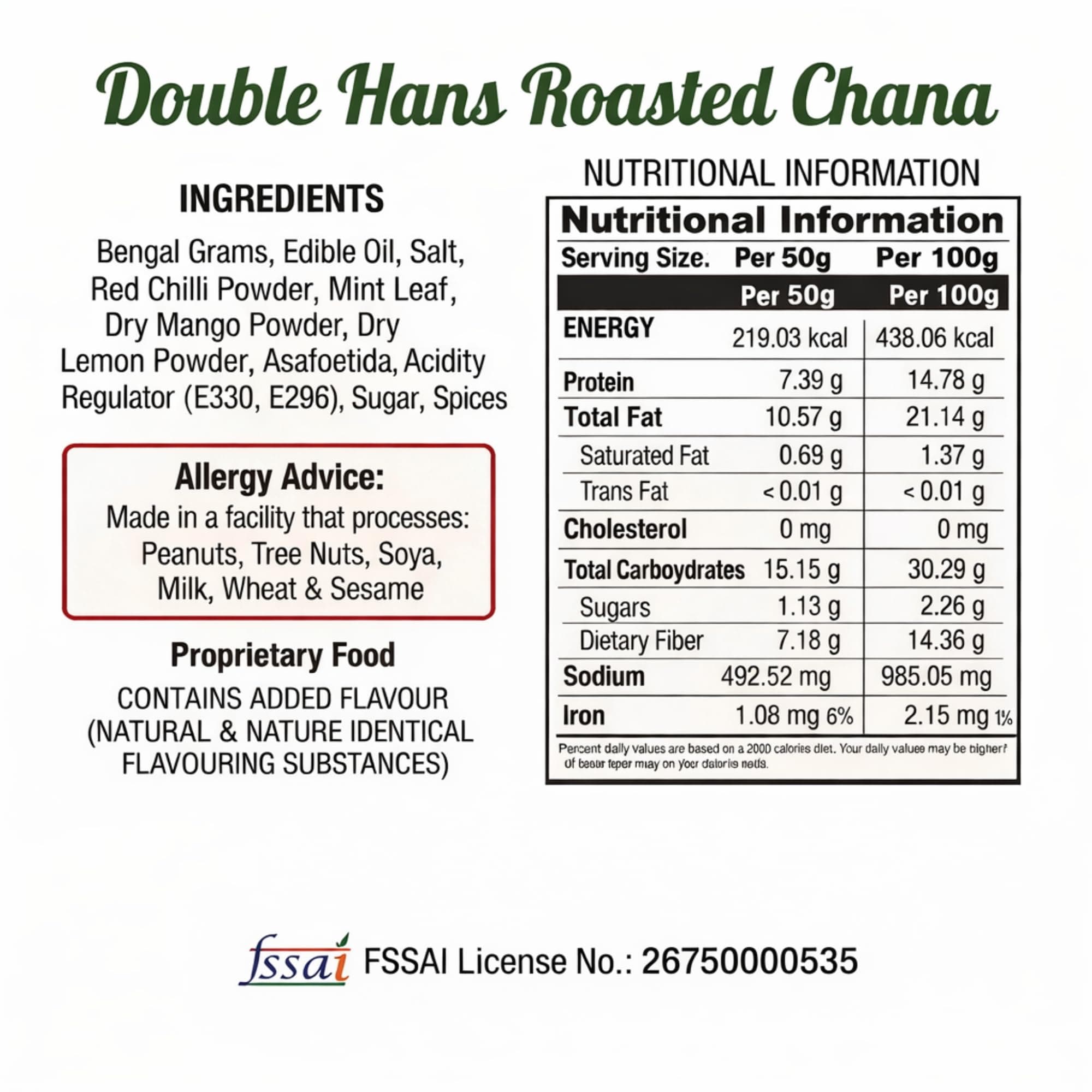 Double Hans Nimbu Pudina Roasted Chana, Desi Chickpeas with Skin, Non Fried Crunchy, High Protein, No Onion No Garlic, Gluten Free Vegan Namkeen, Lemon Mint Flavoured, Ready to Eat Snacks, 500gm — image 2