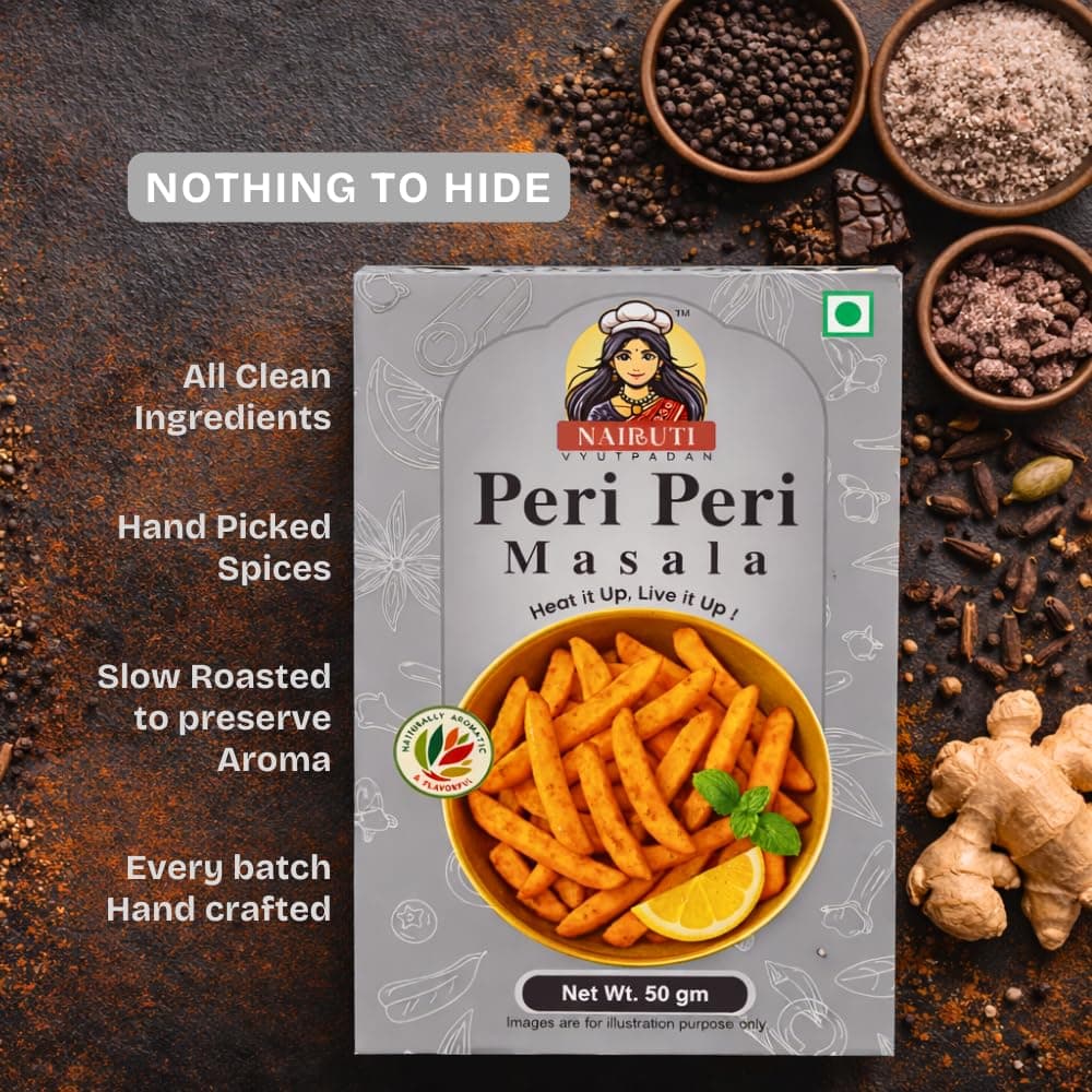 Nairuti Vyutpadan Jain Peri Peri Masala 50g | No Onion No Garlic | Jain-Friendly Satvik Spice Blend | Tangy & Spicy Seasoning for Snacks, Fries, Popcorn, Makhana & Chips | Pure & Natural — image 3