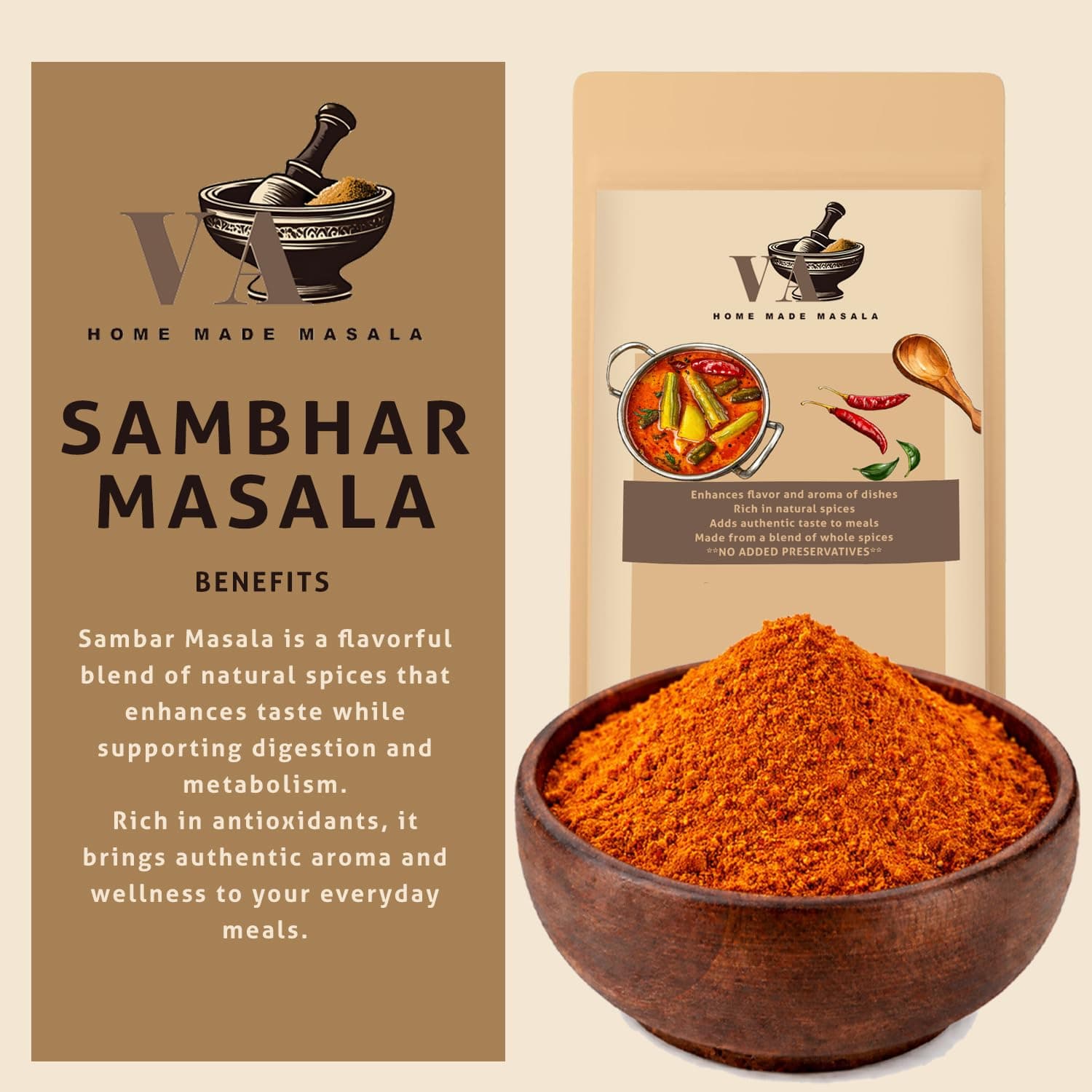 VA HOME MADE MASALA Sambhar Masala 500GM | Flavorful and aromatic Sambhar Masala with no added preservatives | Prepare Delicious Sambar At Home. No colour, no preservatives no onion & no garlic (Jain Masala) — image 4