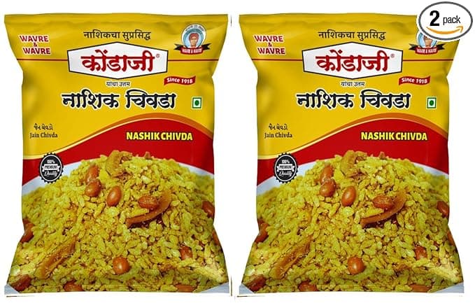 Kondaji Jain Chivda | No Onion No Garlic | Pack of Two (250gm each) | Authentic Crispy Poha Chivda | Crunchy Tea-Time Snack | Namkeen Mixture with Peanuts & Curry Leaves | Traditional Maharashtrian Snack (500g)