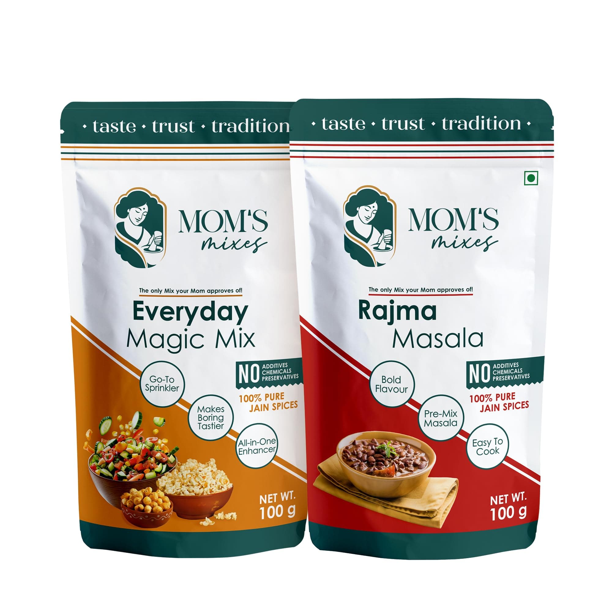 Mom’s Mixes Combo of 2 | Everyday Magic Mix + Rajma Masala | 100% Pure Jain Spices | No Onion No Garlic | No Preservatives | No MSG | No Added Colours | 200g — image 2