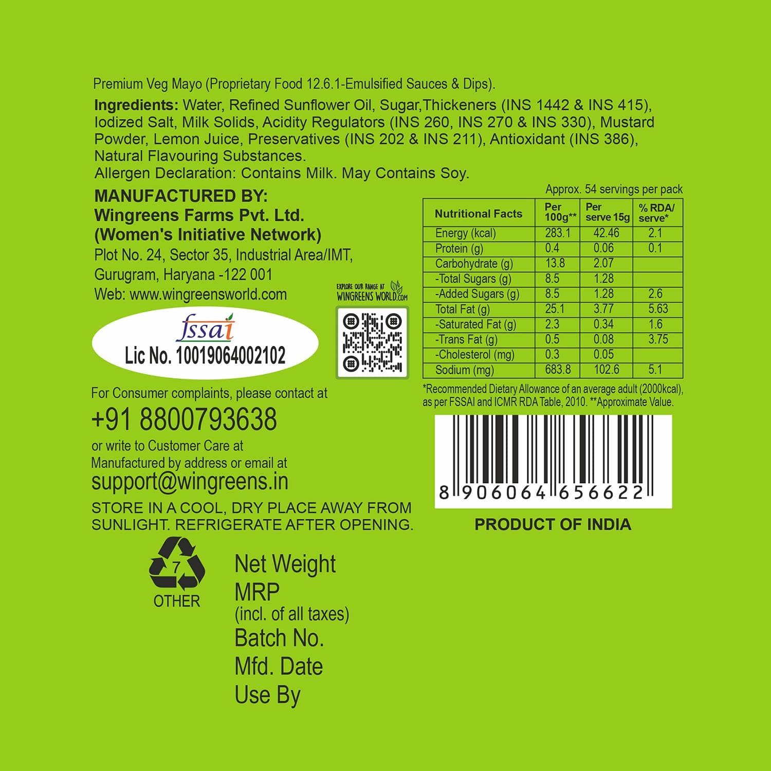 Wingreens Farms Premium Veg Mayo, 800g — image 3