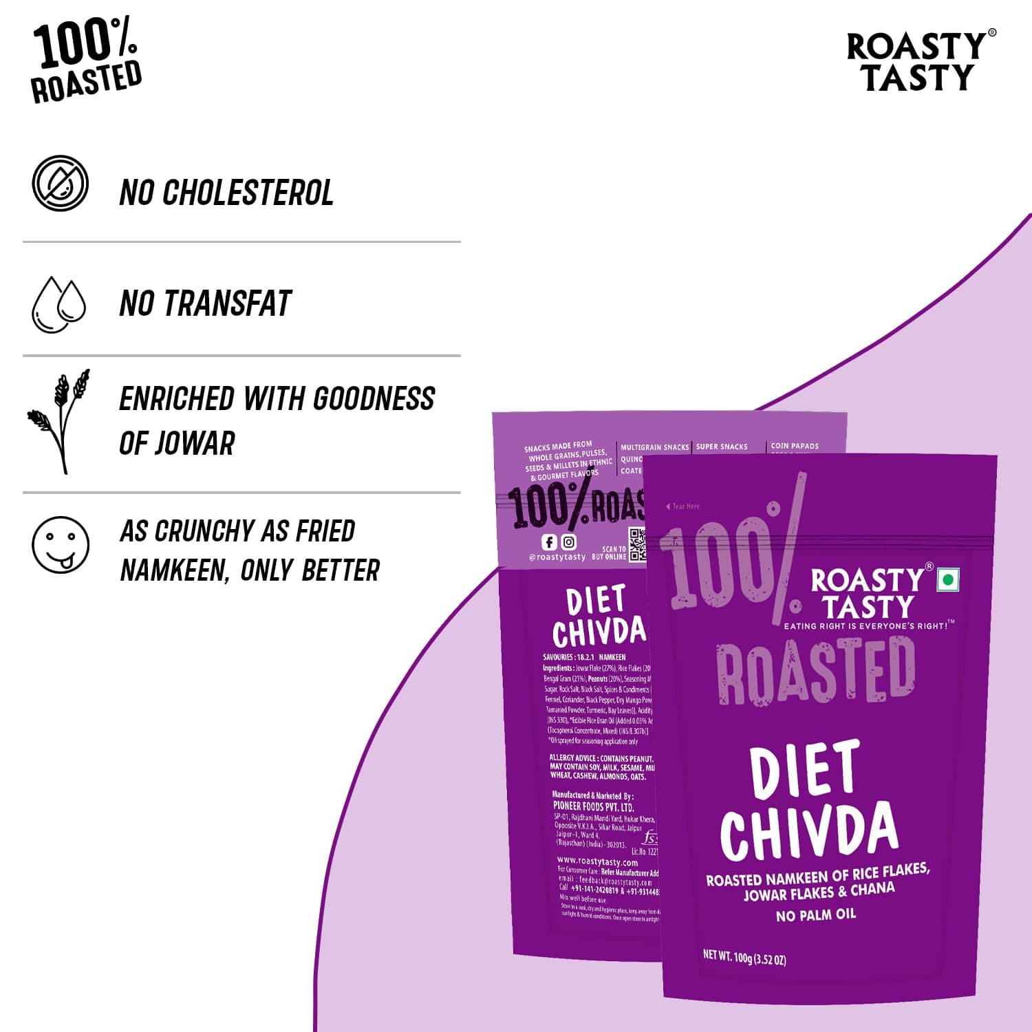 Roasty Tasty Diet Chivda | Gluten-Free Roasted Chiwda with Rice & Jowar Flakes | No Onion No Garlic Millet Namkeen | Light & Crunchy Tea-Time Roasted Non Fried Snack | Low Calorie Palm Oil Free Namkeen | 100g x 4 Packs | Indian Mixture — image 4