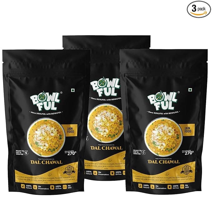 Bowlful Jain Dal Chawal,70 GMS, Spicy Dal and Chawal Without Onion and Garlic | Pure Natural, Freeze Dried Food (Pack of 3)