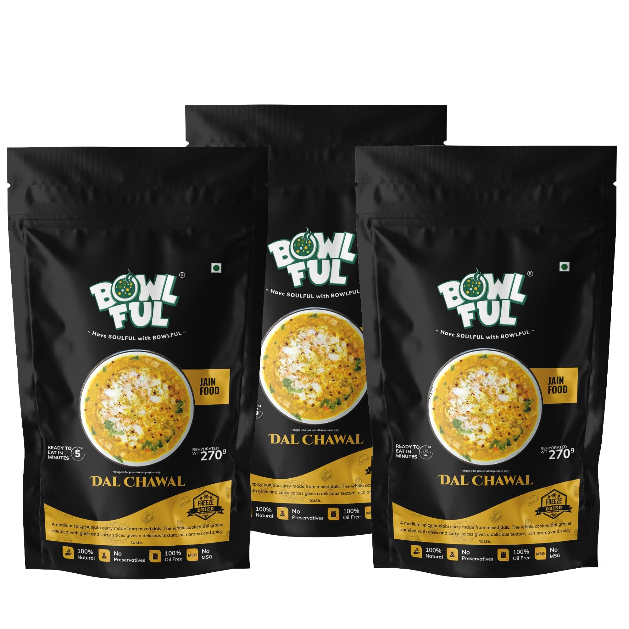 Bowlful Jain Dal Chawal,70 GMS, Spicy Dal and Chawal Without Onion and Garlic | Pure Natural, Freeze Dried Food (Pack of 3) — image 2