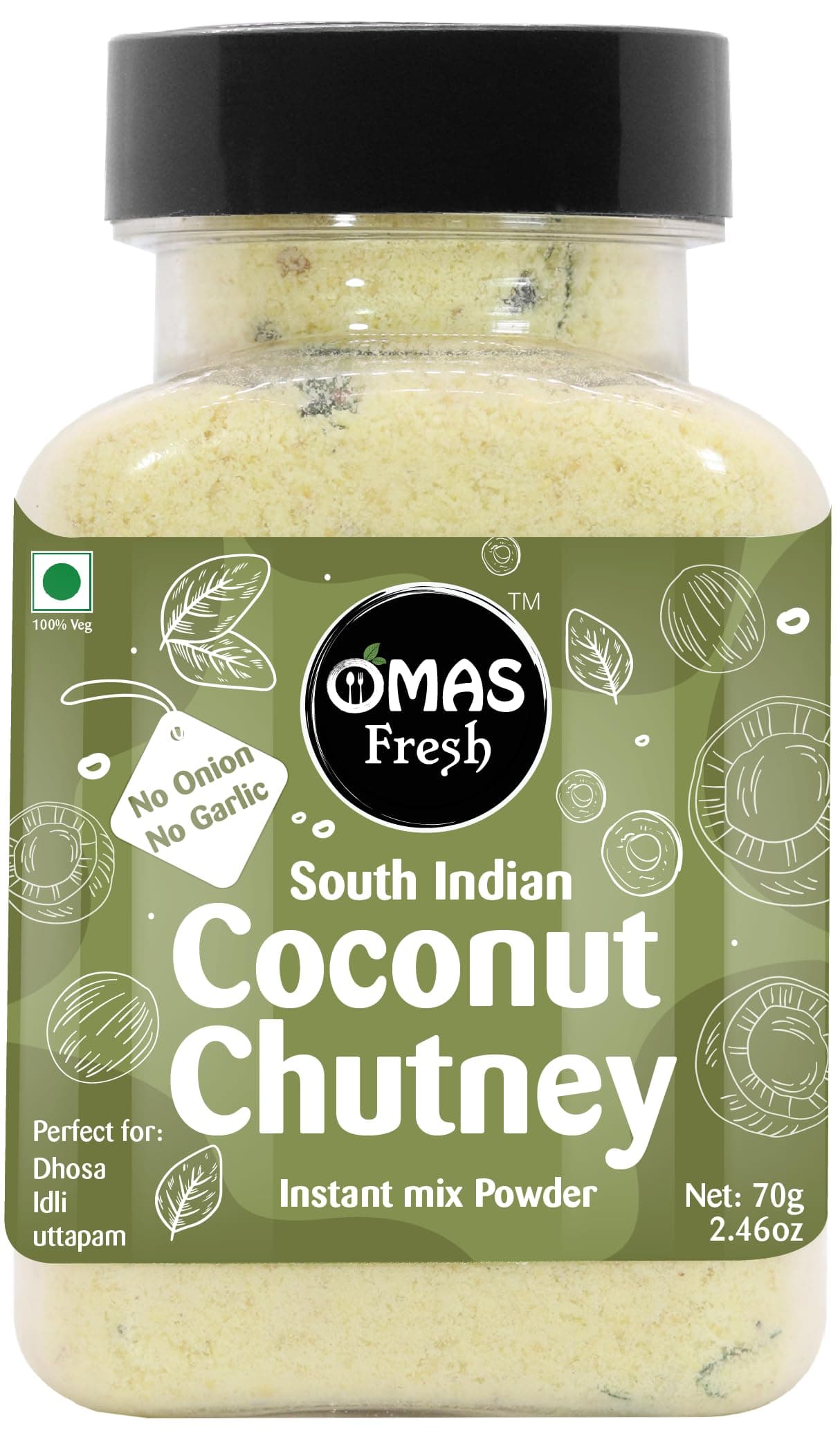 Omas Fresh No Onion, No Garlic South Indian Coconut Chutney Instant Mix Powder Perfect for Dosa, idli, Uttapam (Just Add Curd/Water to Use) (70g, White Coconut Chutney)