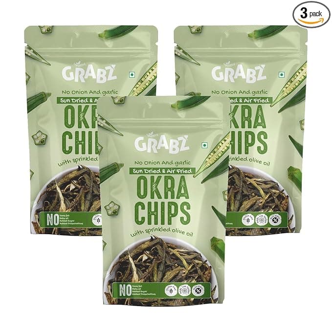 GRABZ Crispy Jain Bhindi Okra Chips without Onion ,Garlic | Air-Cooked, Solar-Dehydrated |No Palm Oil | No Maida | Zero Cholestrol, Gluten Free Vegan Snacks| Low Cholesterol | High Fiber |Olive Oil & Spicy Masala Flavor | 20g Each (Pack of 3)