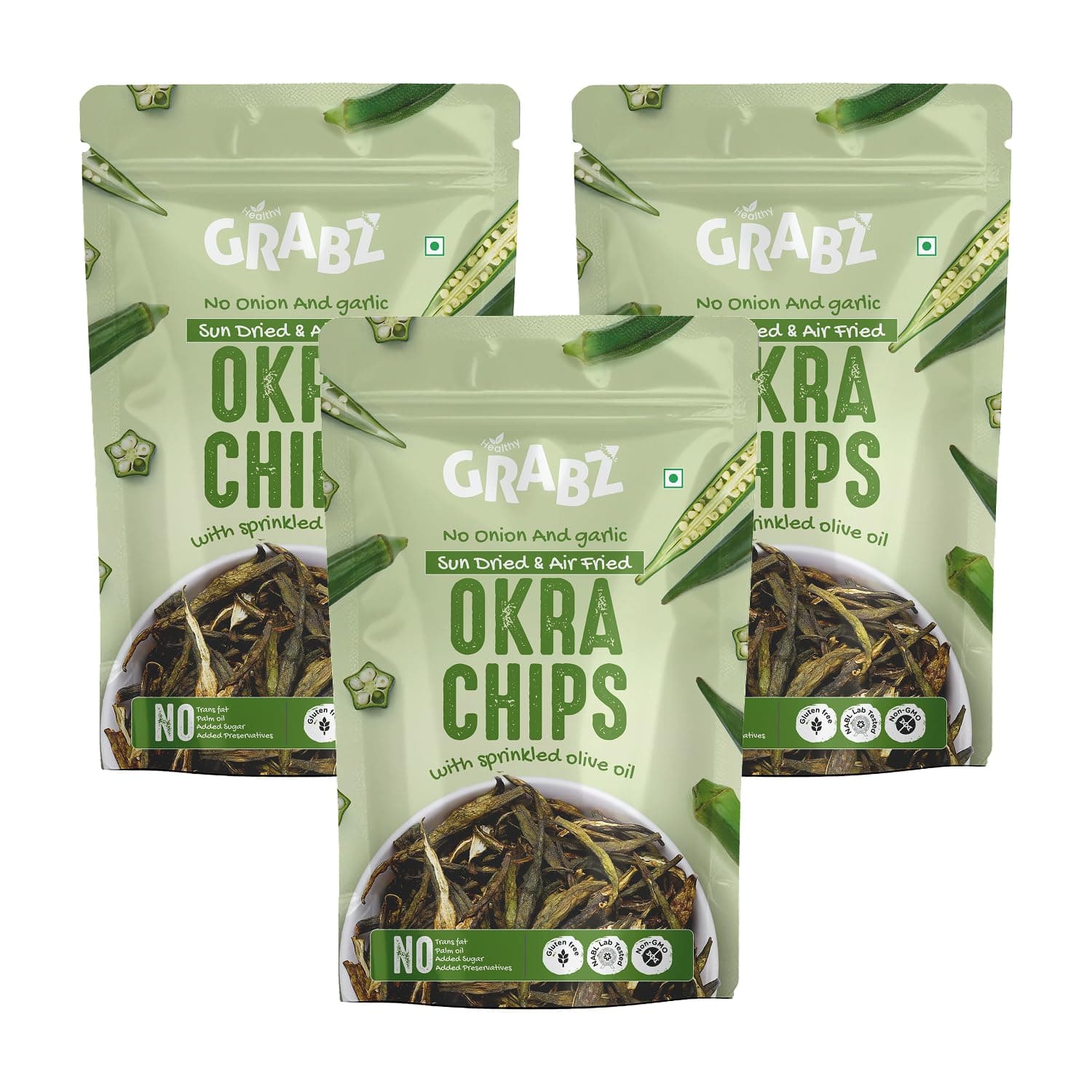GRABZ Crispy Jain Bhindi Okra Chips without Onion ,Garlic | Air-Cooked, Solar-Dehydrated |No Palm Oil | No Maida | Zero Cholestrol, Gluten Free Vegan Snacks| Low Cholesterol | High Fiber |Olive Oil & Spicy Masala Flavor | 20g Each (Pack of 3) — image 2