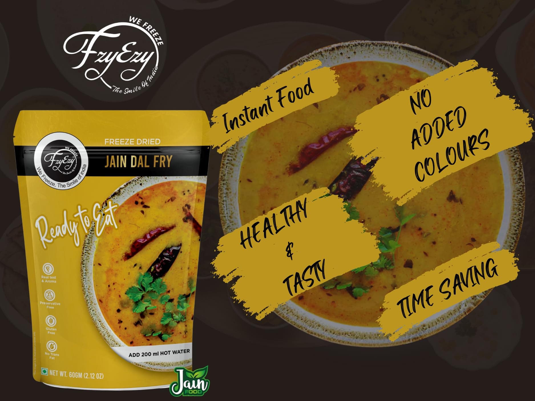 FzyEzy Freeze-Dried Jain Dal Fry – 60g | Authentic Jain Indian Meal | No Onion, No Garlic | Instant & Ready-to-Eat | Gluten-Free | Preservative-Free | Wholesome & Flavorful Jain dish — image 5