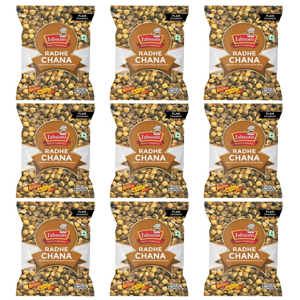 Jabsons Roasted Chana Radhe Plain, 200gm| pack of 9| 100% roasted | No Onion No Garlic | Crunchy Protein Snacks Bhuna Chana Ready to eat Unsalted