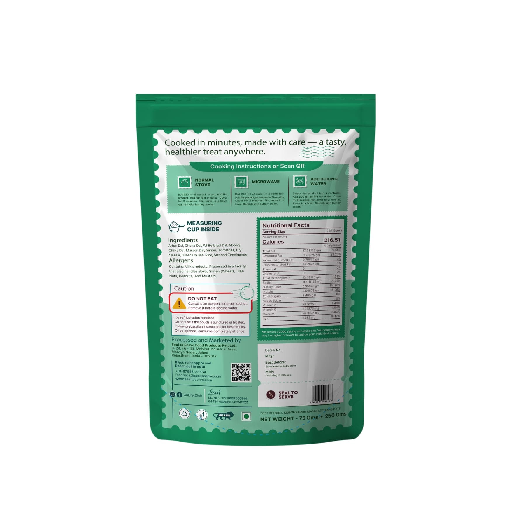 Go!Dry Jain Dal Tadka Rice Combo | Ready to Eat Indian Meal | No Onion No Garlic | No Preservatives & No Palm Oil | 75g — image 2