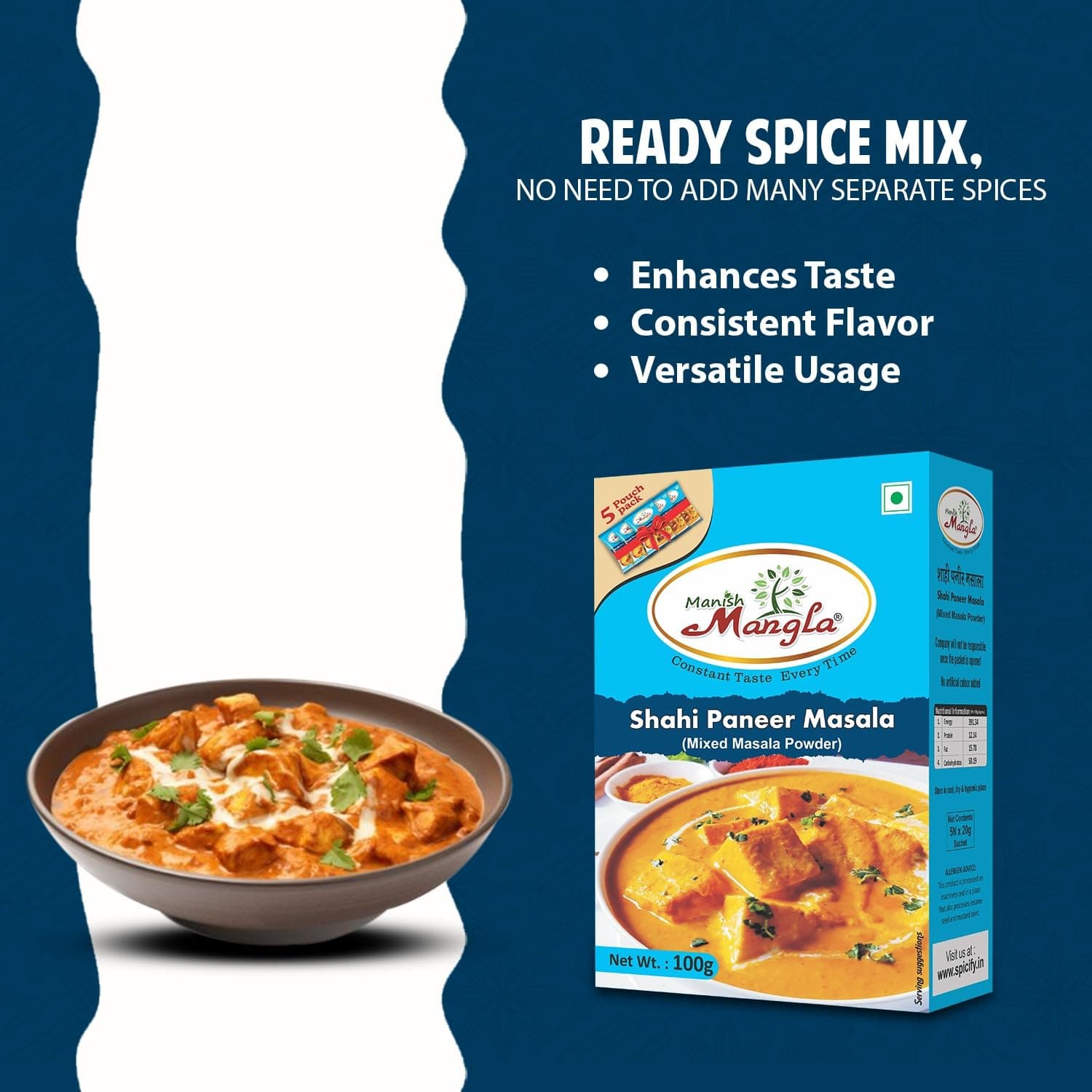 Manish Mangla Shahi Paneer Masala 100g | Mixed Masala Powder with 5 Fresh Sachets | Rich Aroma & Authentic Restaurant Style Taste | Easy Cooking Spice Blend for Shahi Paneer Curry — image 5
